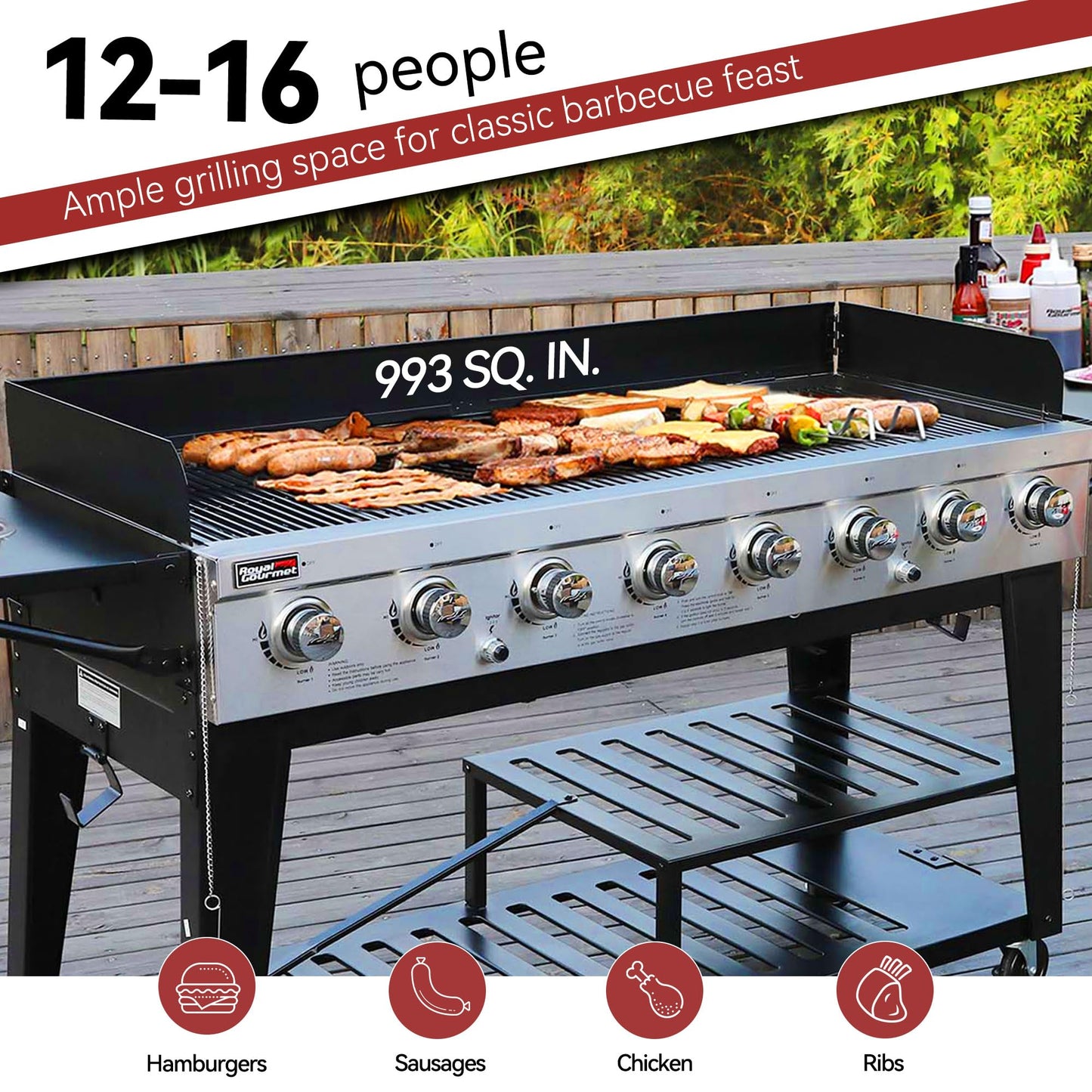 Royal Gourmet 8-Burner Gas Grill, 104,000 BTU Liquid Propane Grill, Independently Controlled Dual Systems, Outdoor Party or Backyard BBQ, Black