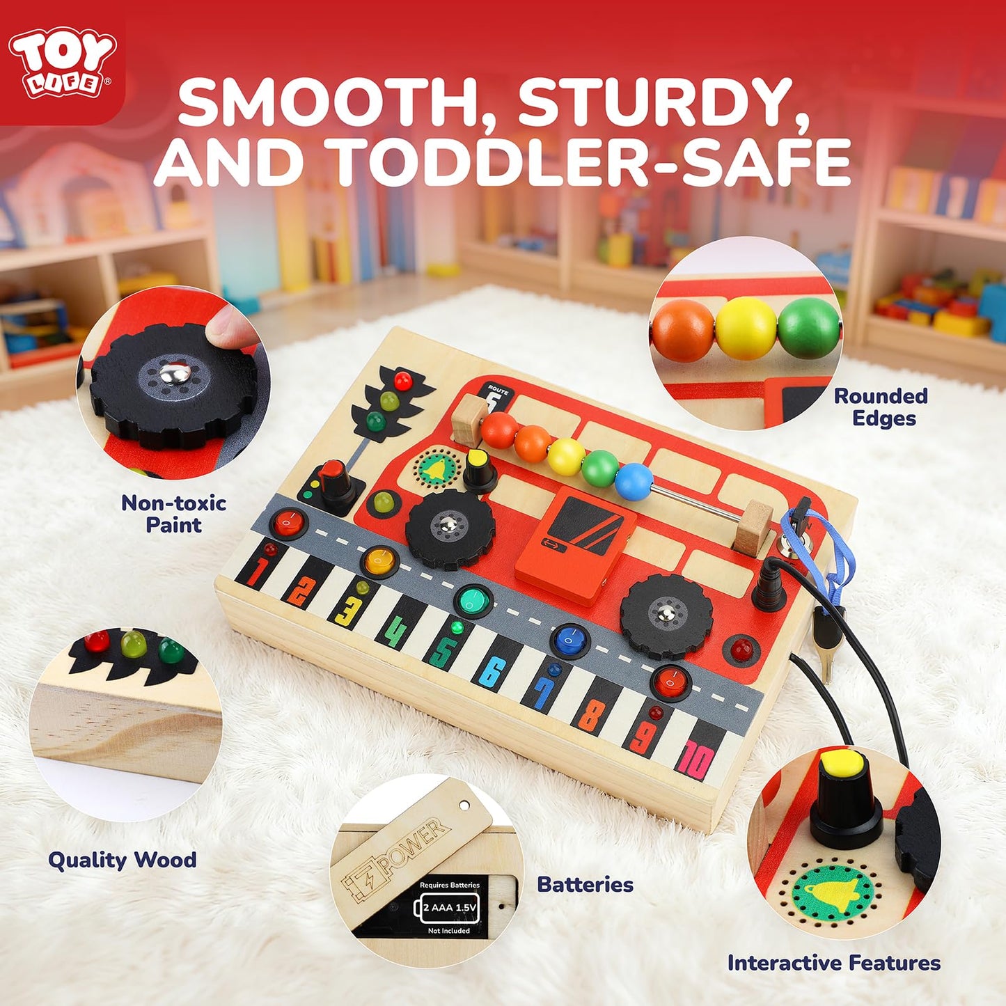 TOY Life Toddler Montessori Busy Board, Wooden Bus Sensory Board Toys with LED Light Up Switchs, Baby Busy Fidget Boards Travel Toys, Easter Birthday Gifts for 1+ Year Old Kids Girls Boys