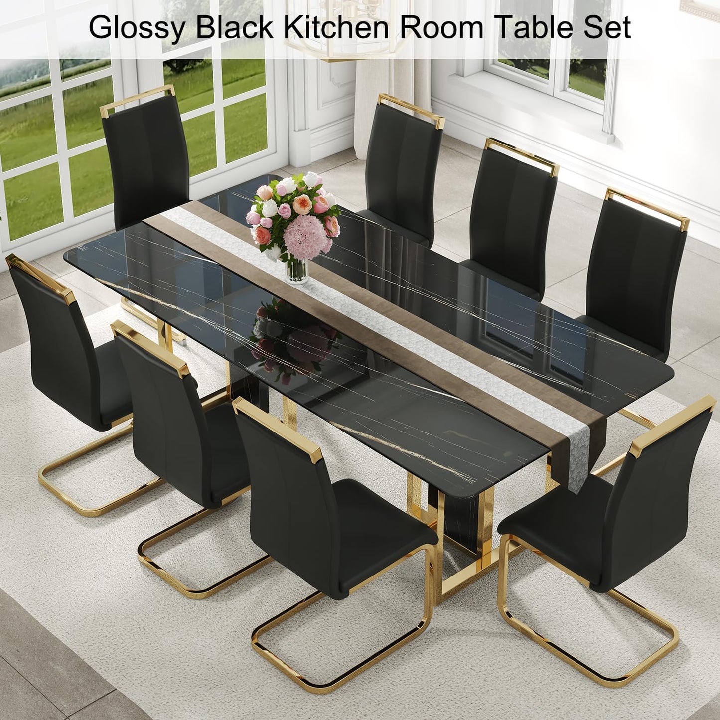 hohoedc 79'' Modern Dining Table Set for 8, Black Kitchen Table with 1.8" Thick Faux Marble Top & 8 PU Leather Chairs, Luxury Dining Room Furniture Set for Kitchen/Dinner Room