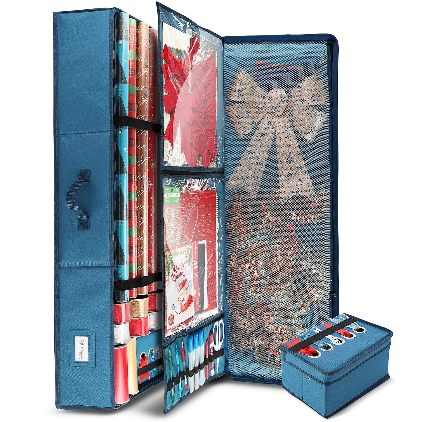Hearth & Harbor Wrapping Paper Storage Container - Christmas Storage Bag with Ribbon Dispenser and Interior Pockets - Gift Wrap Organizer Fits Up to 26 Rolls of 40" Length, Blue