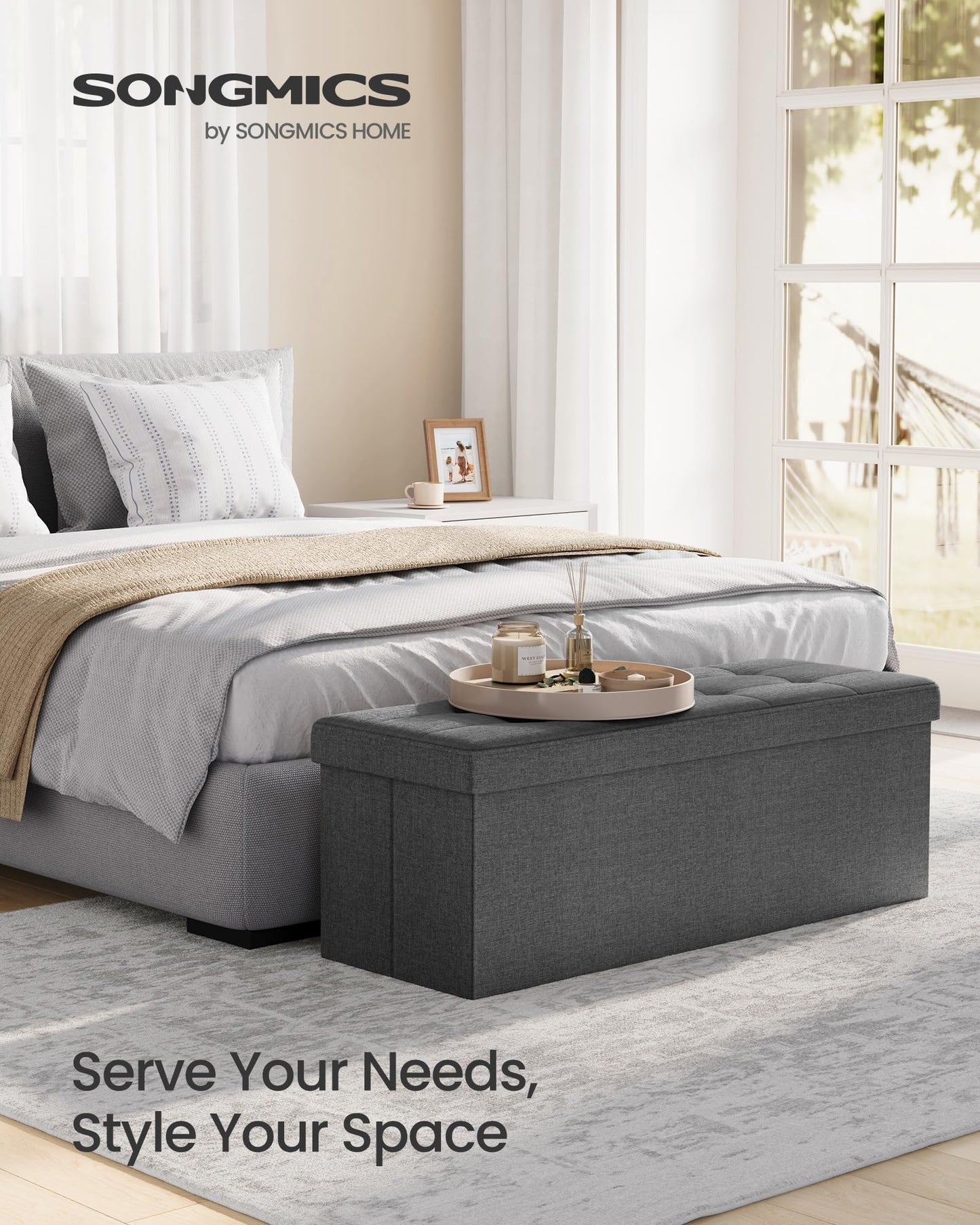 SONGMICS MAZIE Collection - 43 Inches Folding Storage Ottoman Bench, Ottoman Foot Rest, End of Bed Bench, Storage Chest, Load 660 lb, for Living Room, Bedroom, Entryway, Dark Gray ULSF77K