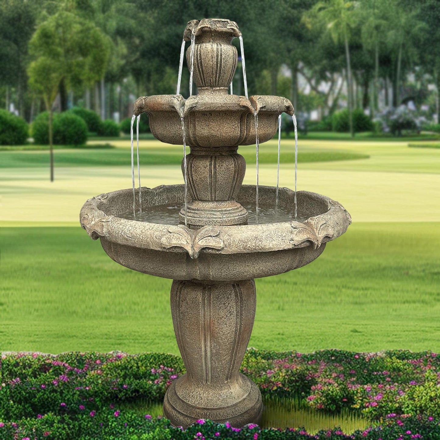 ourrco 48” H Outdoor Floor Water Fountain, 3-Tiers Concrete Water Fountain with Submersible Electric Pump - Garden Cascading Waterfall for Yard Patio Lawn Home Decor