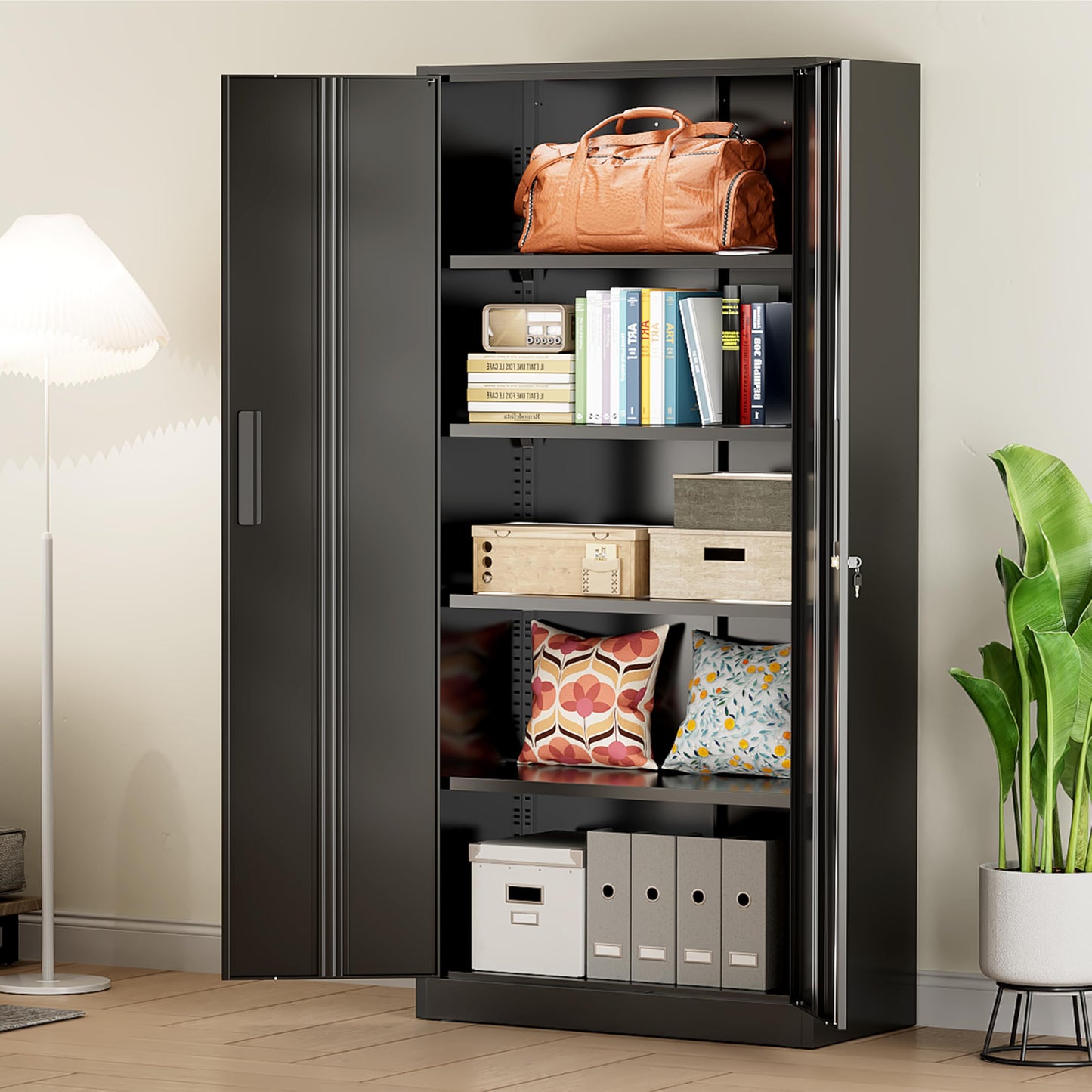 Greenvelly Metal Storage Cabinet, 72" Black Locking Metal Cabinet with 2 Doors and 4 Adjustable Shelves, Lockable Garage Storage Cabinets for Home Office, Garage, Kitchen, Living Room