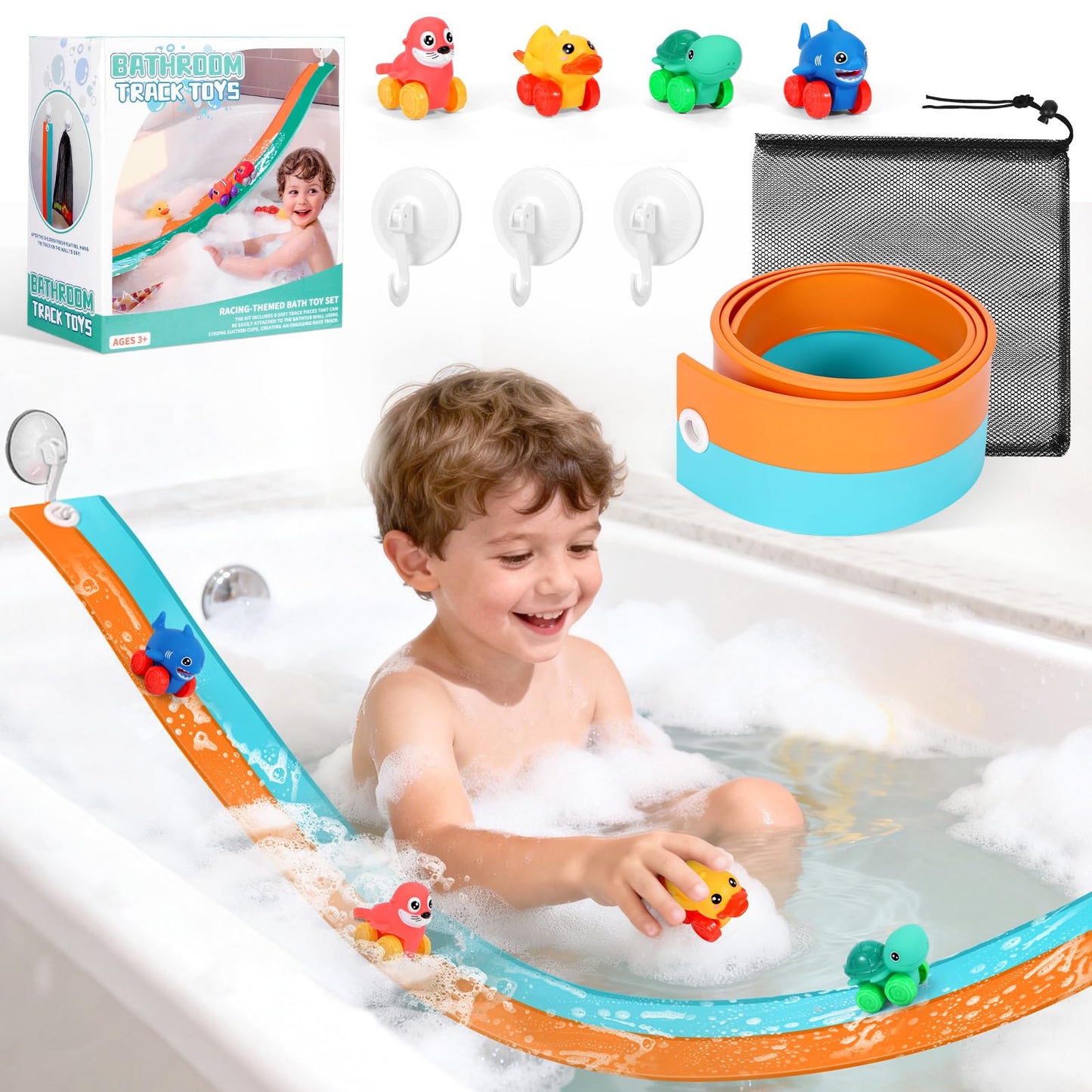 Race Car Bath Toys, Toddler Bathub Toy Set, 5 Ft Flexible Bath Race Track for Kids Ages 3+ , Cars Toy Gift for Baby Boys &Girls, Portable Rolls Up Race Tracks with 1 Mesh Storage Bag & 3 Suction Cup