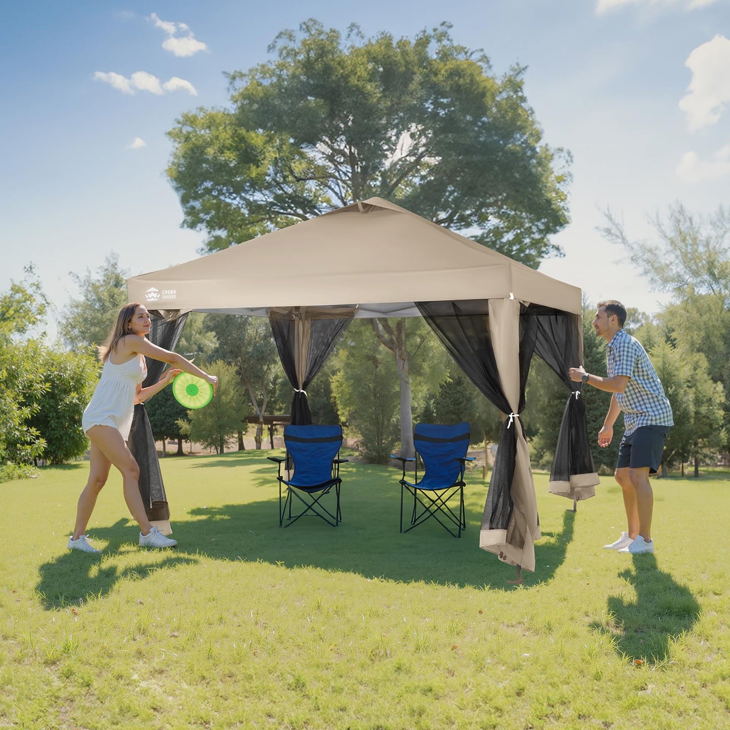 CROWN SHADES 10x10 Pop Up Gazebo, Canopy with Mosquito Netting,Instant Screen Tent with 4 Ropes, 8 Stakes, 4 Sandbags and Wheeled Storage Bag,for Patio & Backyard Parties,Camping&Events- Beige