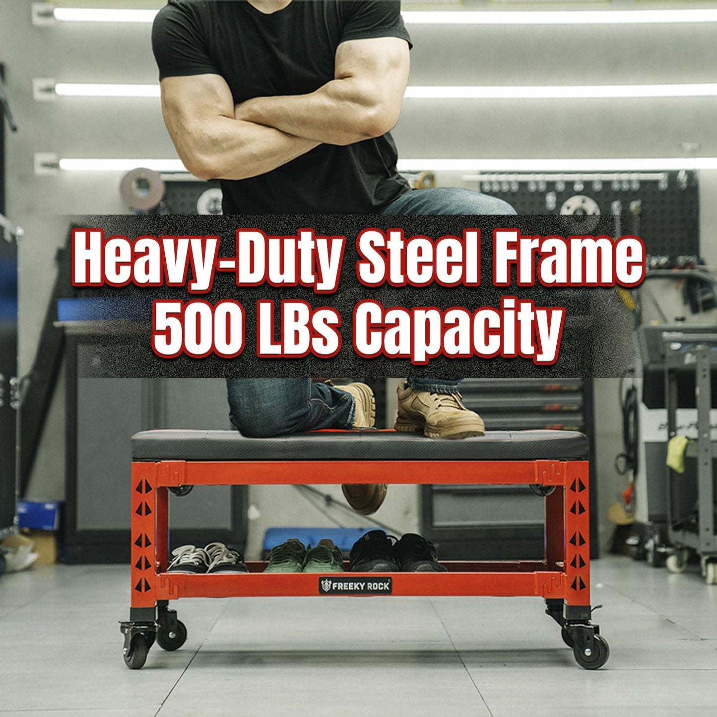 FREEKYROCK Heavy Duty Garage Bench Stool with Removable Creeper Pad, 2 Storage Shelves & 4 Wheels, 500LB Capacity Mobile Work Seat for Workshop, Car Repair, Red