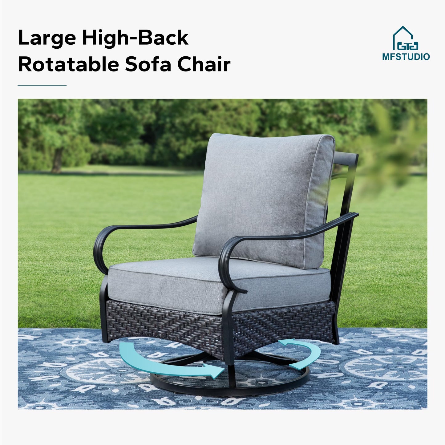 MFSTUDIO 4 Pieces Outdoor Patio Furniture Set, Metal Outdoor Conversation Set, Rattan Wicker Patio Sectional with 2 x Swivel Single Sofa, 3-Seat Sofa, 1 x Coffee Table, Grey