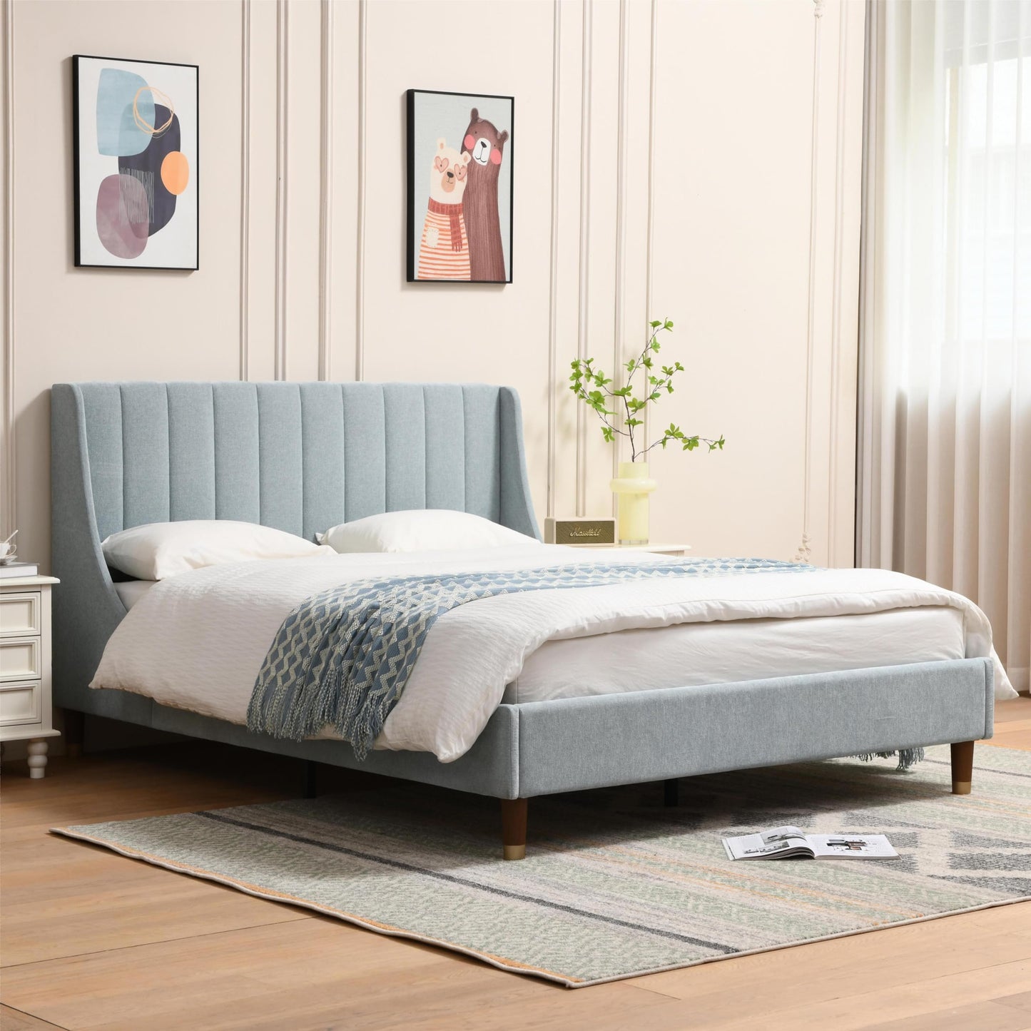 YUHUASHI Queen Size Bed Frame with Linen Fabric Twin Wingback Headboard, Upholstered Platform Bed with Wooden Slat Support, Noiseless, No Box Spring Required (Light Blue, Queen)