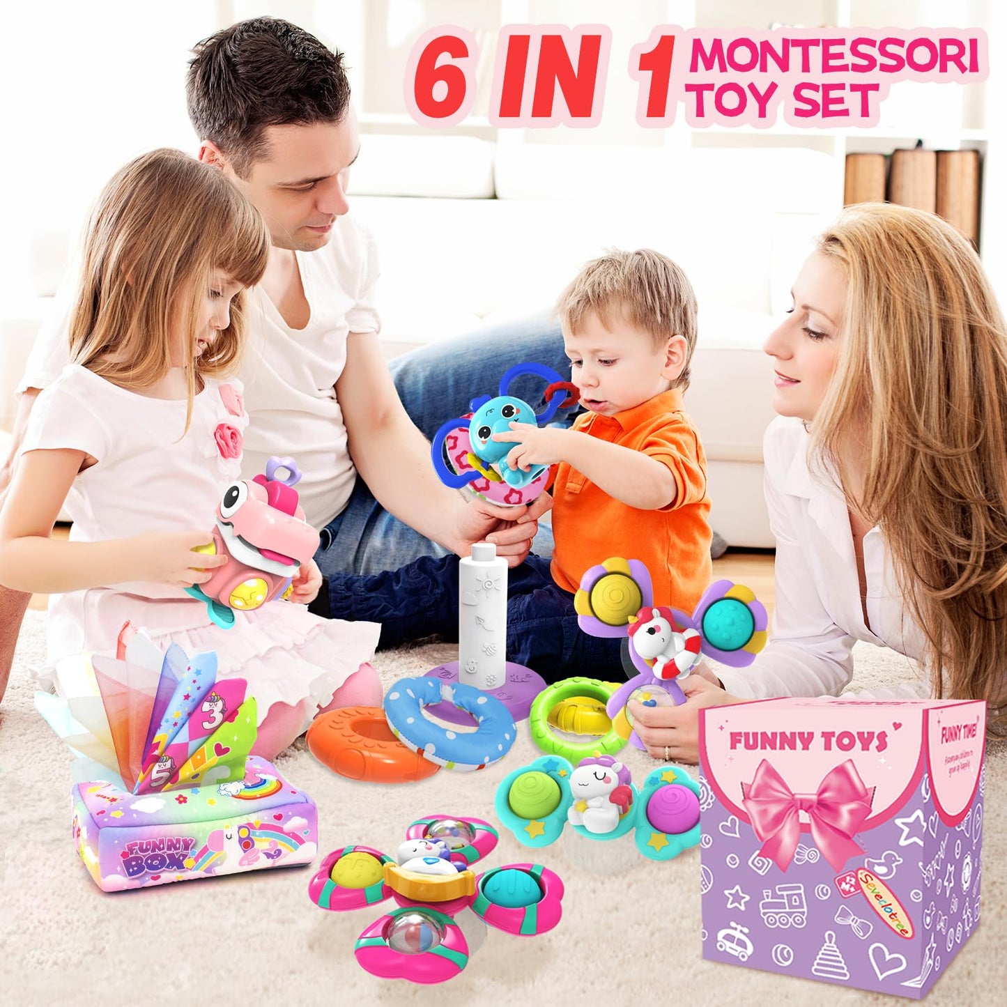 seveclotree 4 in 1 Baby Toys 6 to 12 Months,Learning Toys for Babies 6 12 18 Months, Infant Toys Stacking Rings,Busy Cube,Spinner Toys,Tissue Box Toy,Sensory Educational Gift for Toddlers Aged 1-3