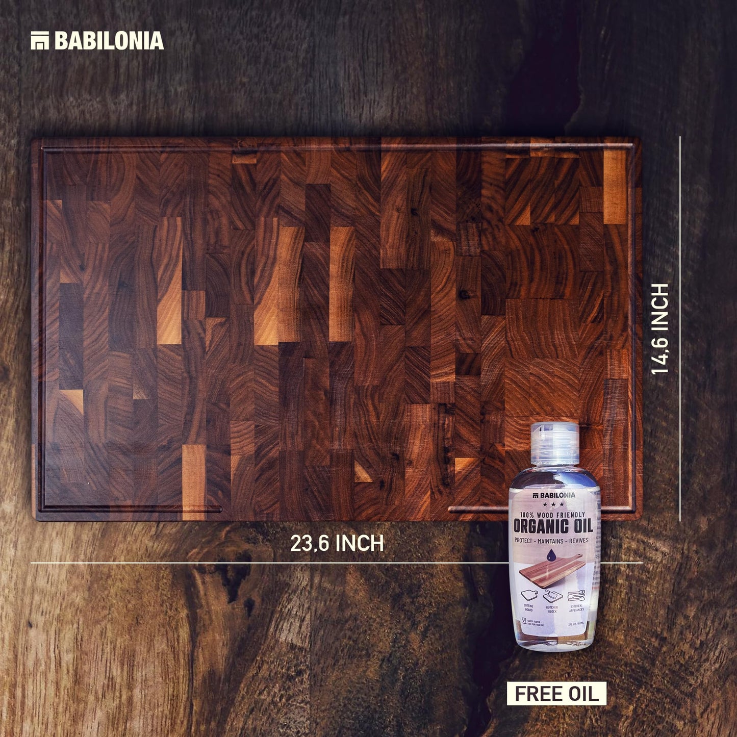 XXL American Black Walnut Cutting Board 24 x 15 Inch (ExtraThick 1.7"), Hardwood Butcher Block, Charcuterie, Heavy Duty End Grain Wood Chopping Board with Juice Groove & Handles (Oil & Plate included)