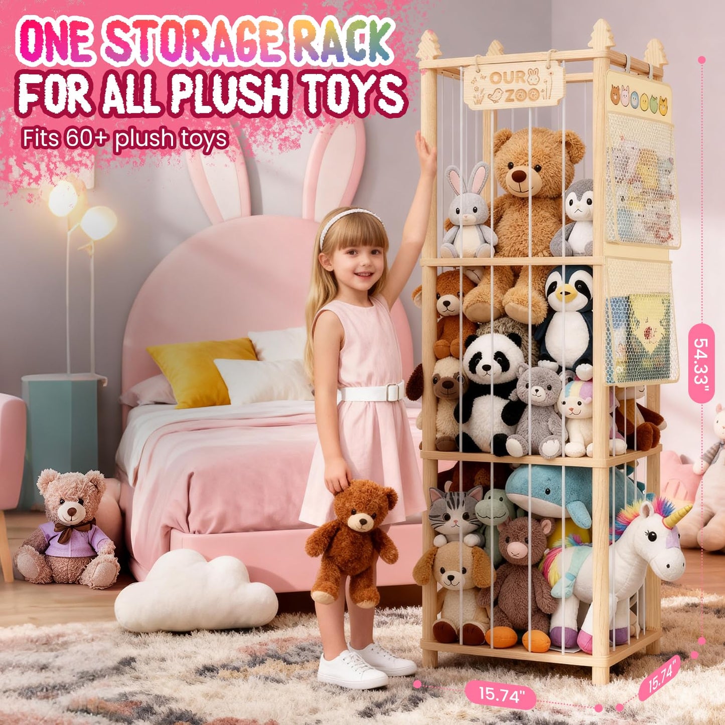 ZEQON Stuffed Animal Storage - Large Wooden Toy Storage Organizer with 1 Removable Hanging Storage Net, Plush Toy Organizer for Kids' Rooms, Bedroom, Playroom or Nurseries