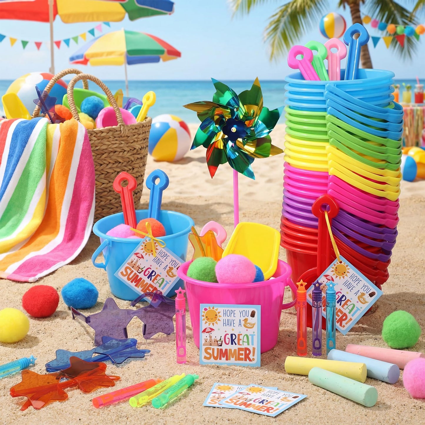 Chivao 192 Pcs Summer End of Year Student Gifts Bulk Pool Beach Party Favors Sand Bucket Shovels Bubble Wands Sunglasses Sidewalk for Classroom Summer Pool Toys Birthday Party Supplies