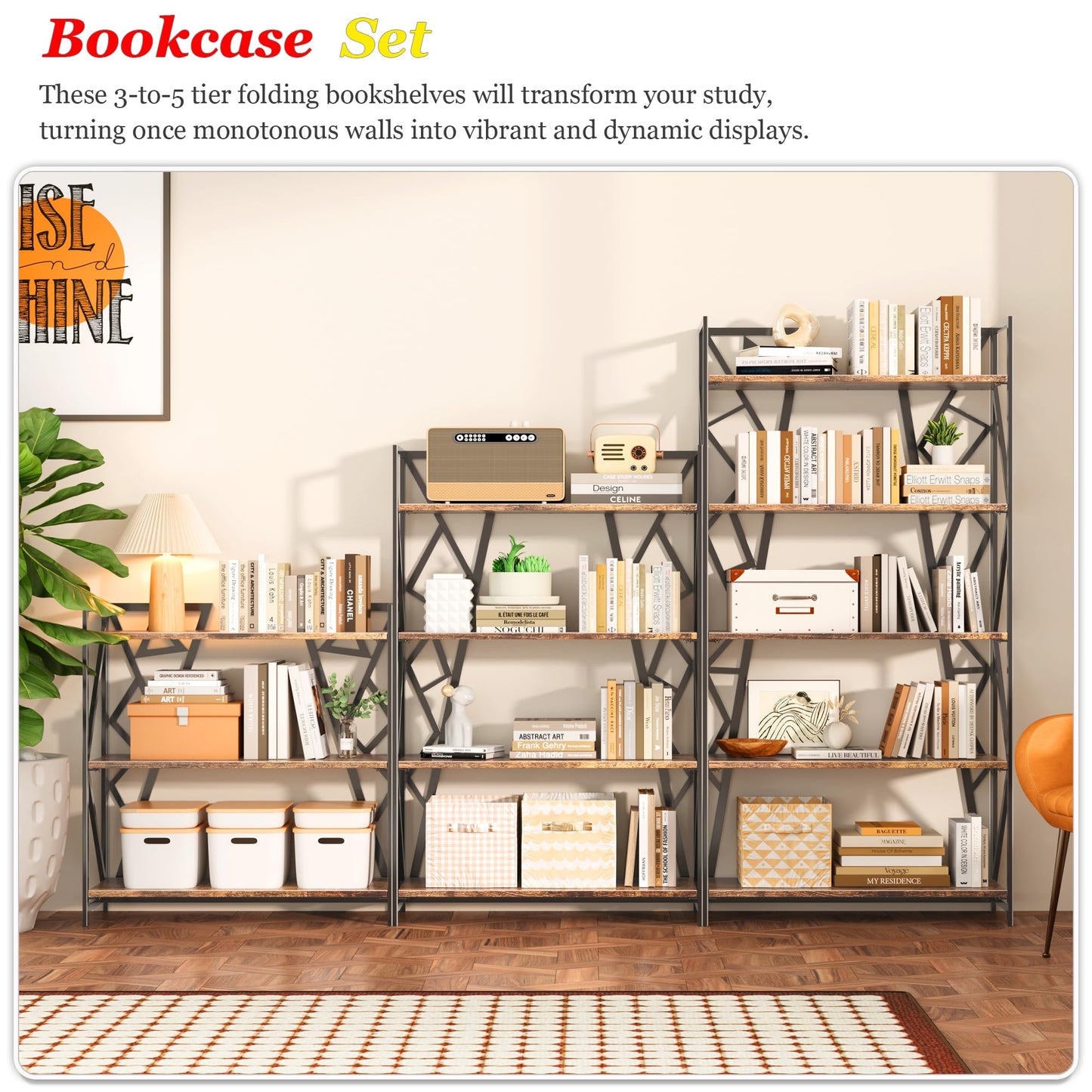 UDD No Assembly Wide Folding Bookshelf, 50.8" H x 30.9" W, 4 Tier Foldable Book Shelf Industrial Bookcase, Vintage Collapsible Storage Shelves for Home Office Living Room Bedroom, Rustic Brown Black