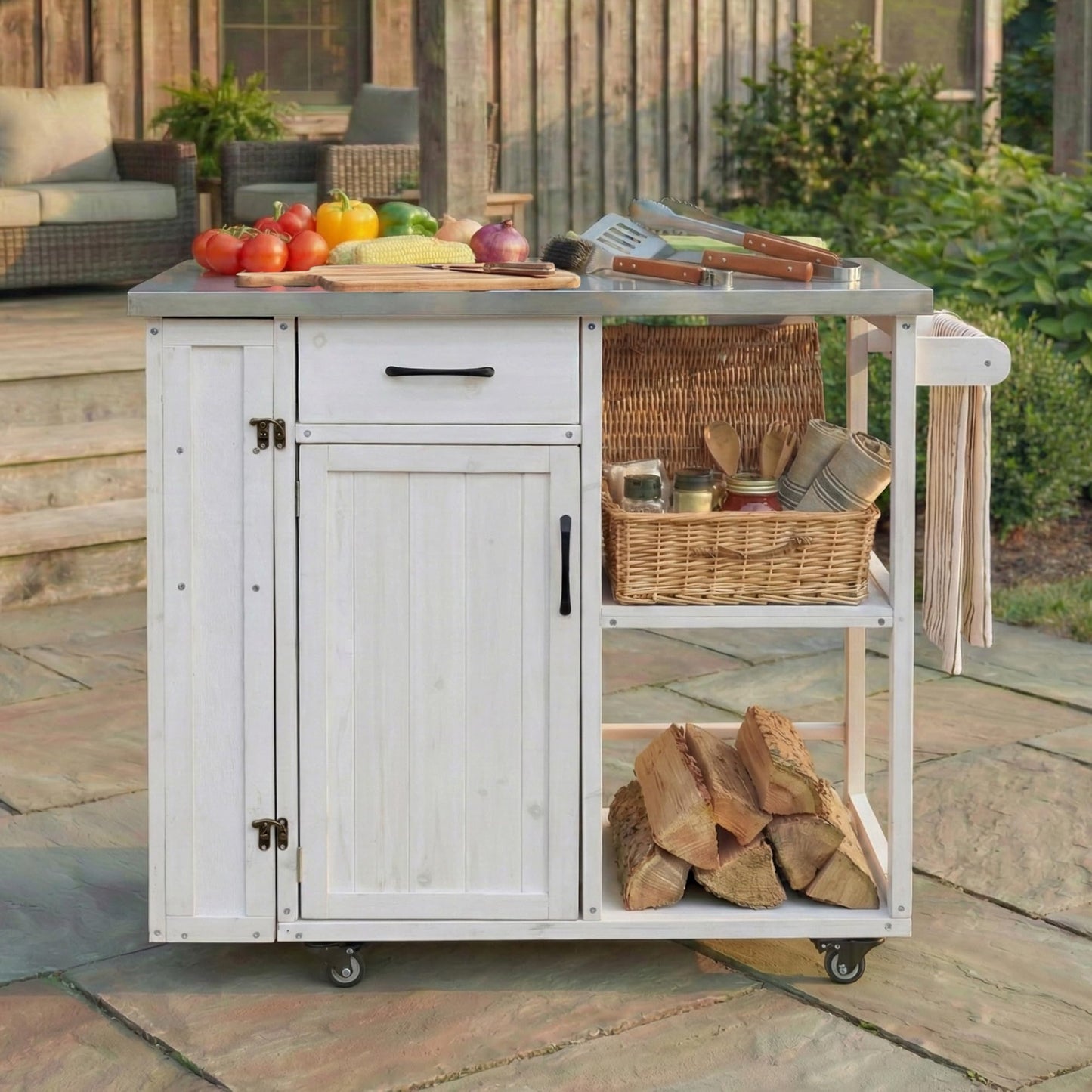 Merax 40.5" Outdoor Grill Cart Table with Storage Cabinet & Stainless Steel Top, Fir Wood Outdoor Kitchen Island on Lockable Wheels, Built-in Towel & Spice Racks for Patio BBQ Food Prep, White