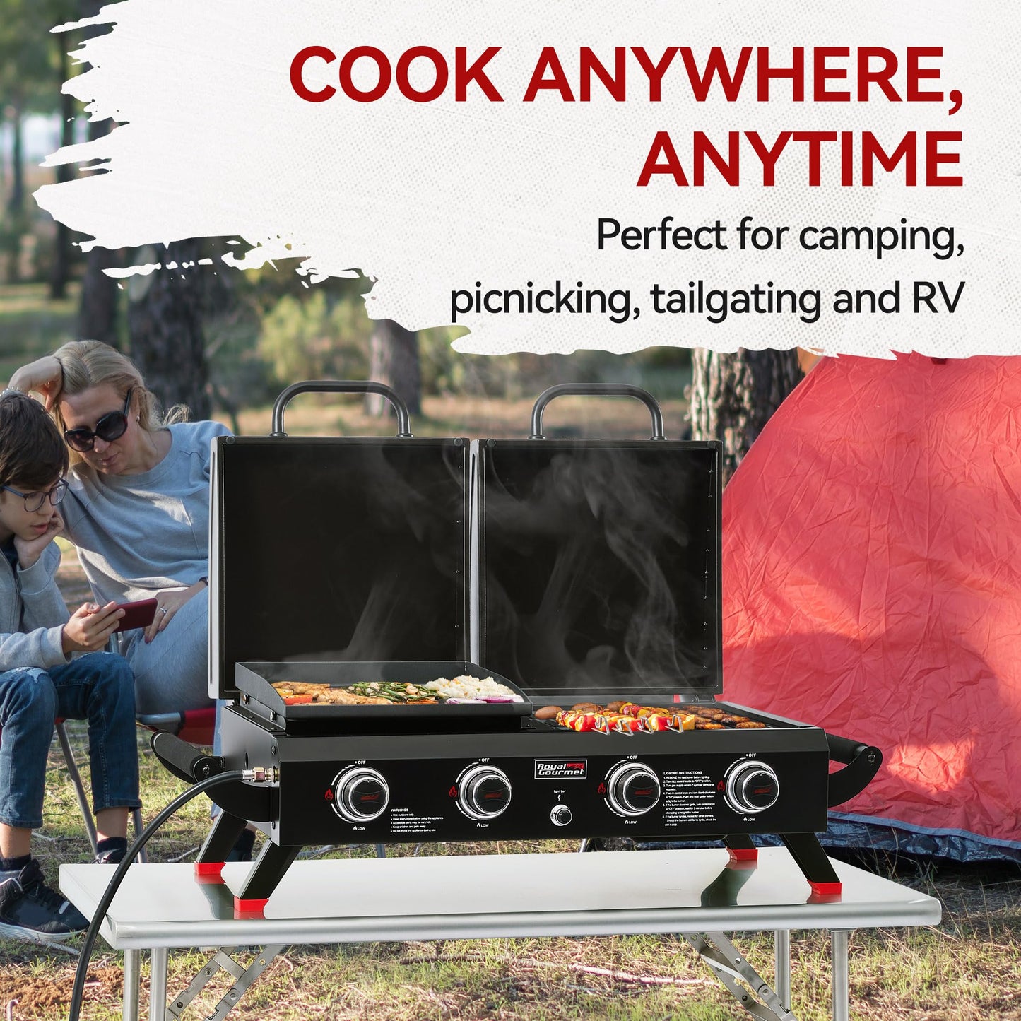 Royal Gourmet GD4002TP 4 Burner Propane Gas Grill and Griddle Combo with Hood, 2-in-1 Portable Grill Griddle Combo with 40,000 BTUs Output for Camping, Tailgating, Backyard, Black