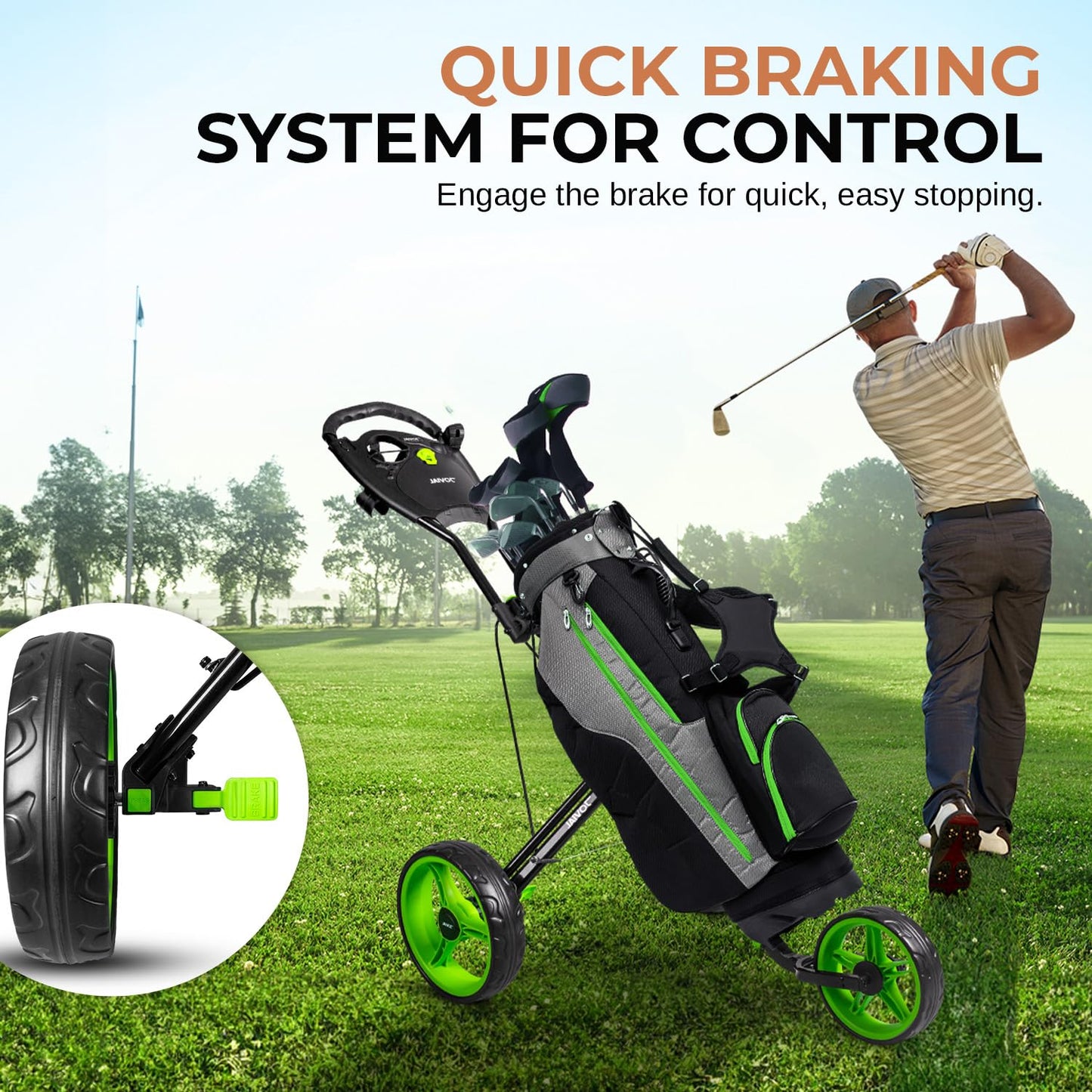 JOVIAL Junior 3-Wheel Golf Push Pull Cart – Lightweight Foldable Aluminum Frame with Deluxe Scorecard Holder, Padded Adjustable Handle, Bag Holder Straps, Quick Braking System & Compact Storage