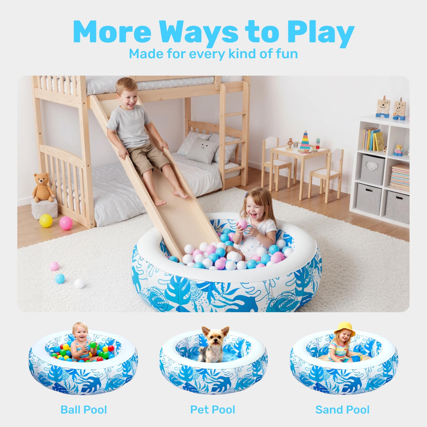 SLOOSH Inflatable Kiddie Pool for Kids, 36"x11" Swimming Pool with Soft Pad Floor for Kid & Toddler, Round Blow Up Baby Ball Play Pit Pools for Swim Party, Portable Indoor & Outdoor Water Toys (Blue)