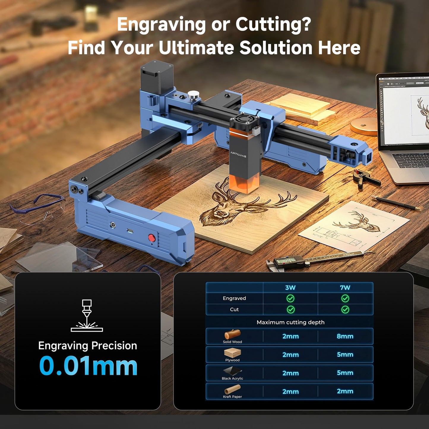 Artilume T1 Laser Engraver 7000mW, Foldable Design Laser Engraver and Cutter Machine, 0.01mm Precision, Large Working Area 200*150mm for Wood Leather Acrylic, Best for Beginners Small Business Class 1