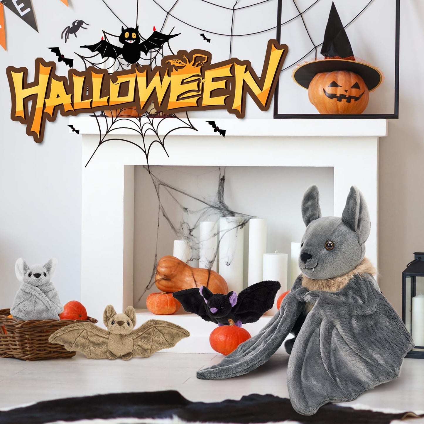 Tezituor 4Pcs Realistic Bat Stuffed Animals Set, 32inch Large Mommy Stuffed Bat with 3 Cute Babies for Boys Girls, Hugging Soft Bats Plushies Toy Gift for Halloween Party Decoration