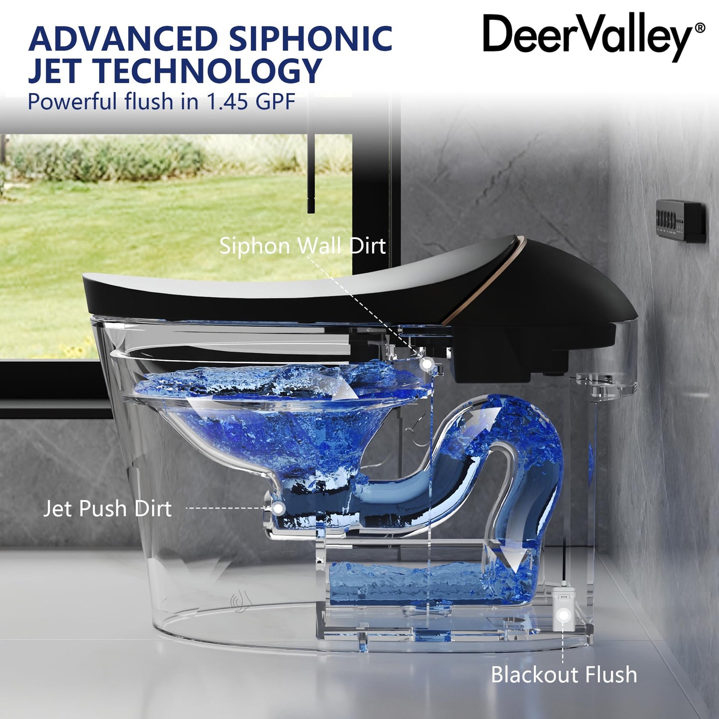 DeerValley Smart Toilet, Tankless Design with Integrated Bidet, Automatic Open/Close Lid, Auto Flush, Heated Seat, Black, Elongated