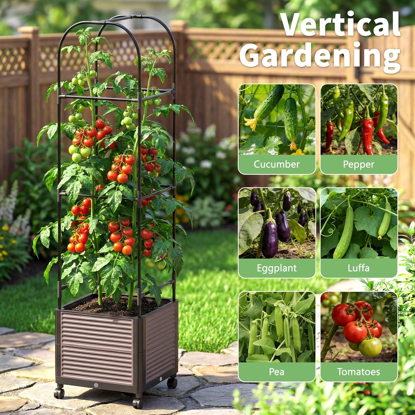 DoCred 60" H Raised Garden Bed Planter Box with Wheels, Tomato Cage Planter Raised Garden Bed with Trellis for Climbing Vegetables Plants Tomato Cage, Indoor Outdoor Use