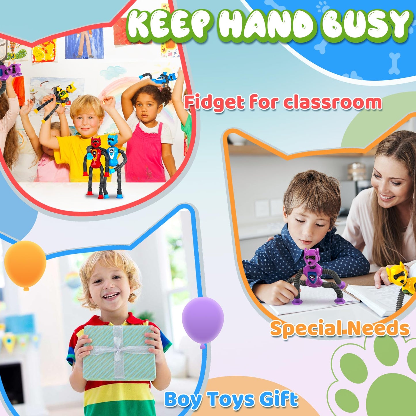 Easter Basket Stuffers for Classroom Boys Robot Dog Sensory Pop Tube for Toddler Kid 4PC Travel Toys Airplane Car Toy Activities Autistic Road Trip Suction Tube for Boy 3 - 8 ADHD Autism Valentine Day