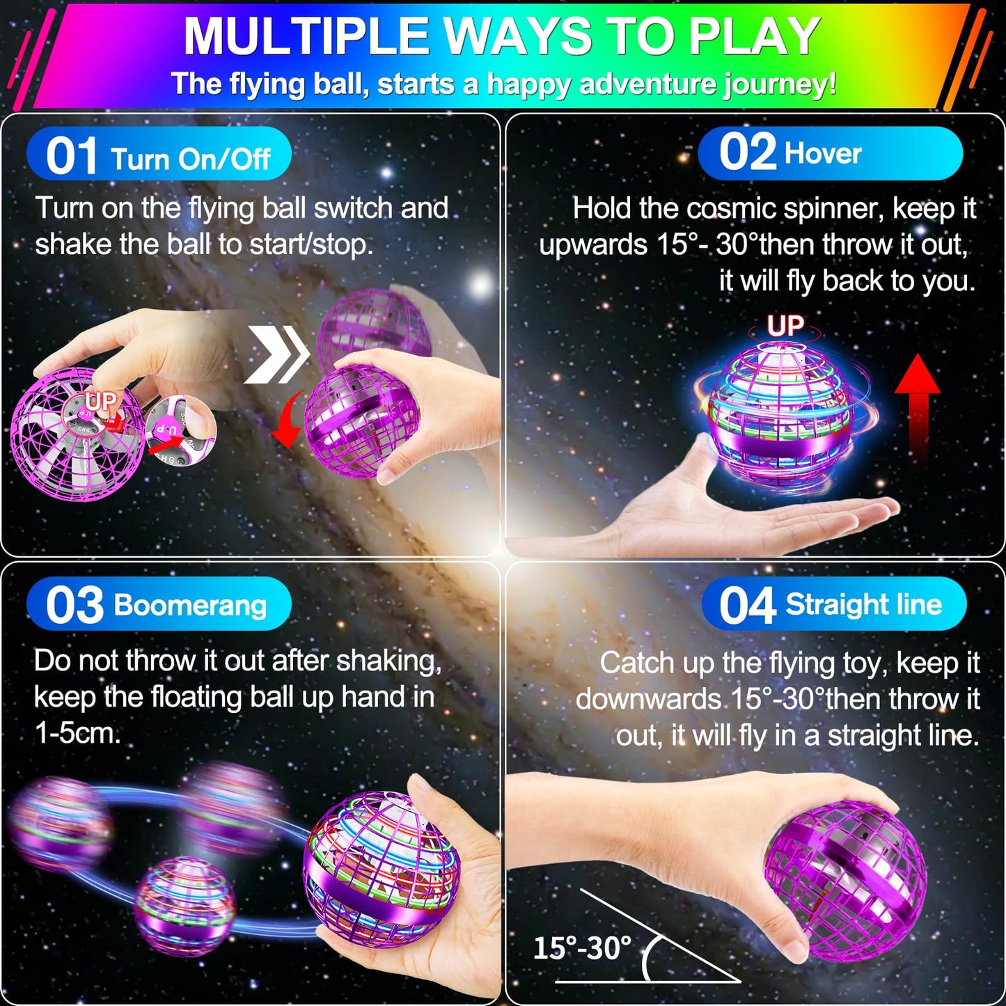 Vantexi Flying Orb Ball Toy,2025 Upgraded Parachute LED,Magic Hand Controlled Flying Gravity Ball,Cosmic Globe Boomerang,Cool Christmas Birthday Gift for 6 7 8 9 10+ Year Old Boys Girls-Red & Purple
