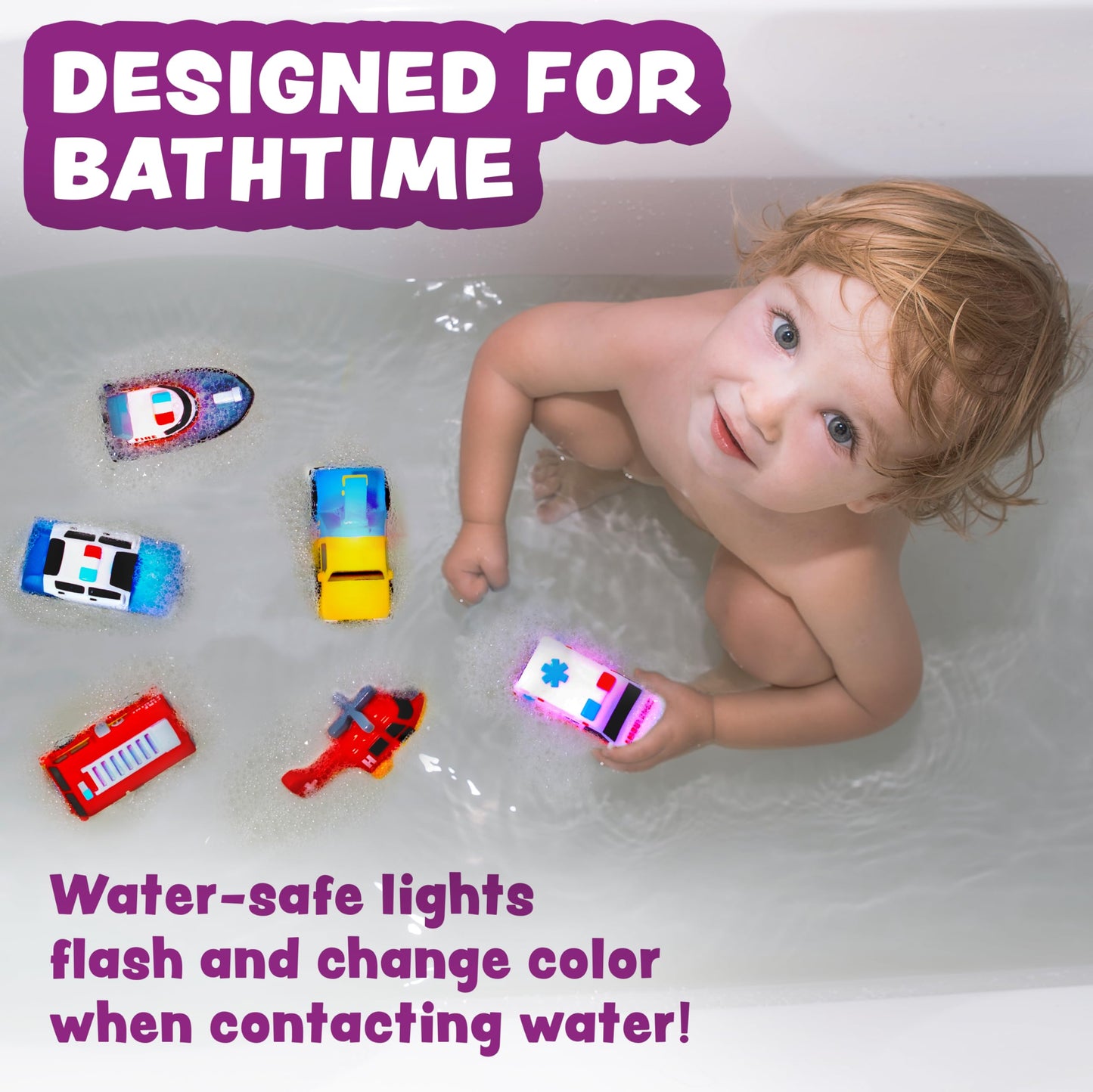 Tub Works® Emergency™ Cars Light Up Bath Toys, 12 Pack | Water-Activated Light Up Toys Flash & Change Color | Easy-Grip Baby & Toddler Bath Toys | Sensory Toys with Bath Lights for Kids Bath