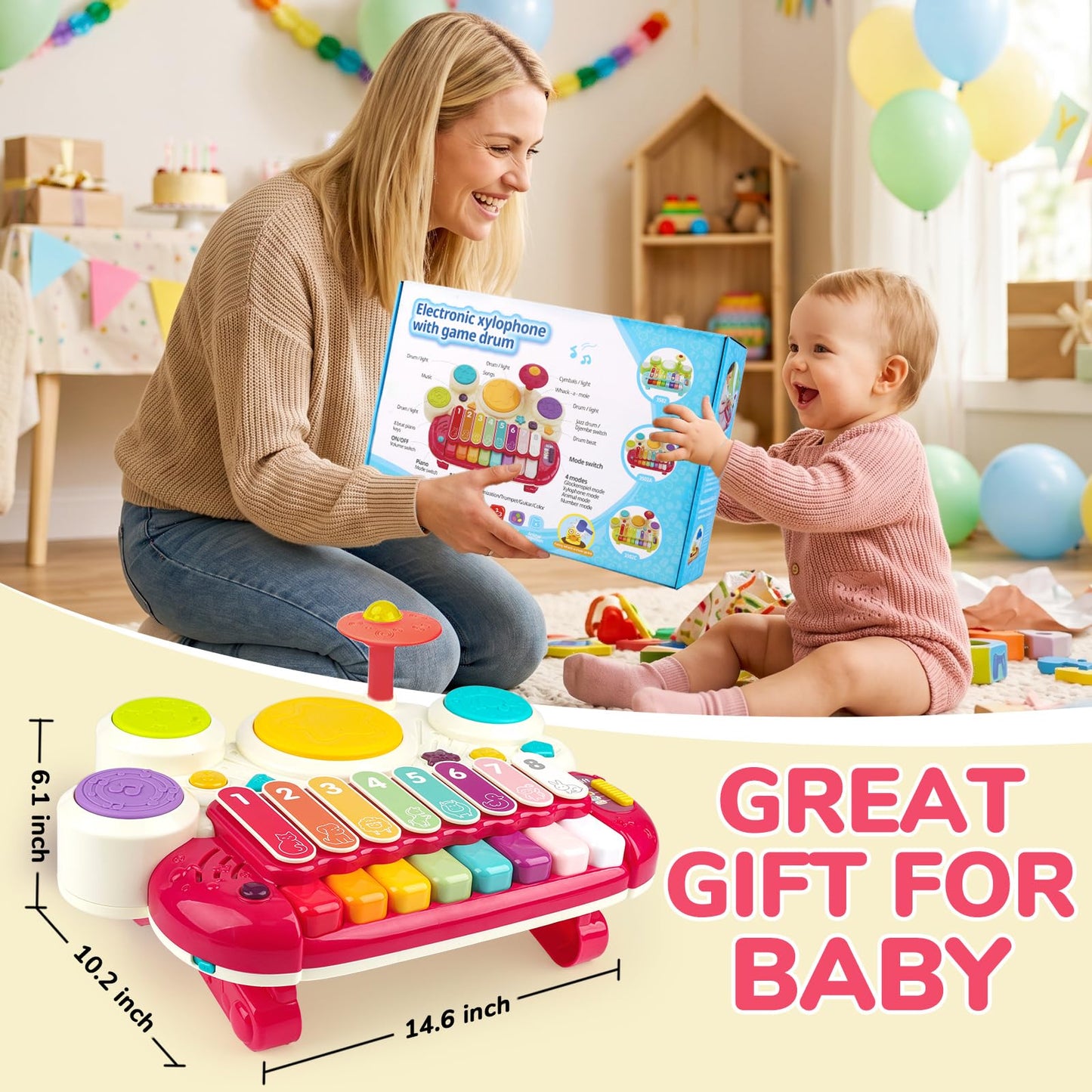 3 in 1 Musical Toys for Toddlers 1-3 Piano Xylophone Drum Set Toys for 1 2 3 Year Old Girls Birthday Music Instruments Baby Learning Developmental Sensory Toys Toddler Toys Age 1-2 2-3