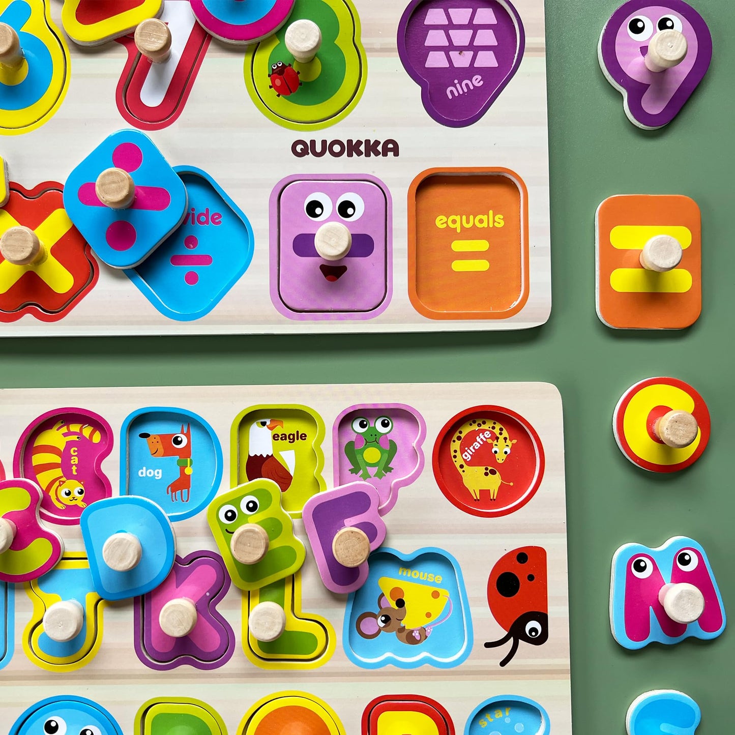 QUOKKA Wooden Puzzle Bundle – 9 Montessori Puzzles with Rack for Toddlers Ages 2–5 – Alphabet, Numbers, Animals, Mushrooms & Leaves – Educational Preschool Toys for Boys & Girls