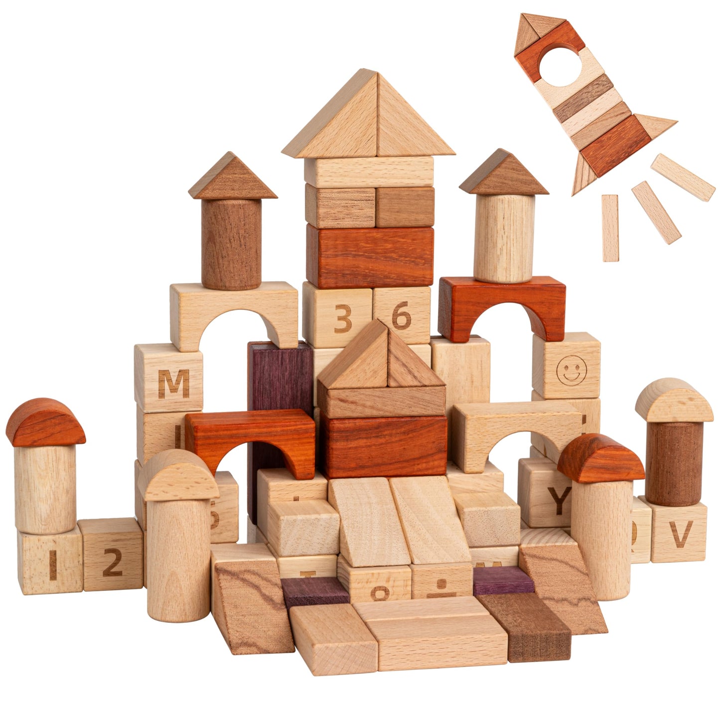 MOMOARI Alphabet Number Early Math Wooden Building Blocks Set - 86 Blocks in 6 Shapes with Wooden Storage Tray. Preschool Montessori Kids Toys. Stacking Learning Toys for Toddlers. Age 3 Years +
