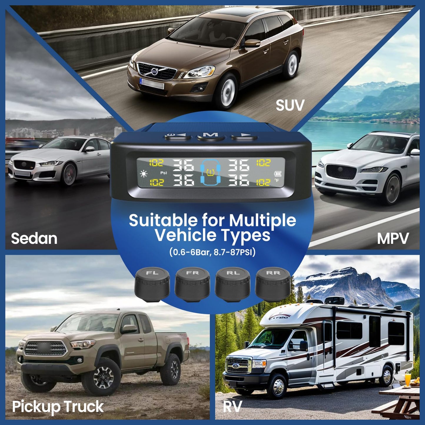 RV Tire Pressure Monitoring System 4-Wheel, Wireless Tire Pressure Monitoring Systems with 4 Sensors & 6 Alarm Modes, Solar/USB Charging, TPMS for RV Truck SUV w/ 10 Tire Repair Rubber Nails