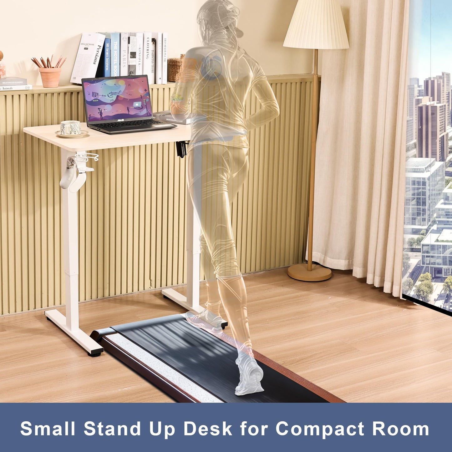 yaaqoo Small Standing Desk with Wheels, 35" x 24" Whole Piece Electric Height Adjustable Desks, Rolling Sit Stand Workstation with Cup Holder, Hook, White Frame, Oak Table Top