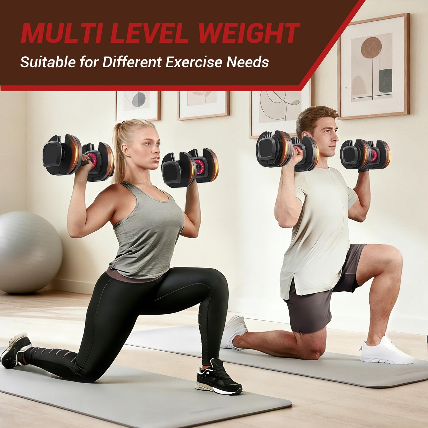 PeacefulHues 56LB Adjustable Dumbbell Set 1PC – Fast Adjust 18-in-1 Free Weights – Non-Slip Handle – Compact, Space-Saving Home Gym Strength Training Equipment for Men & Women – Full Body Workout, Red and Black