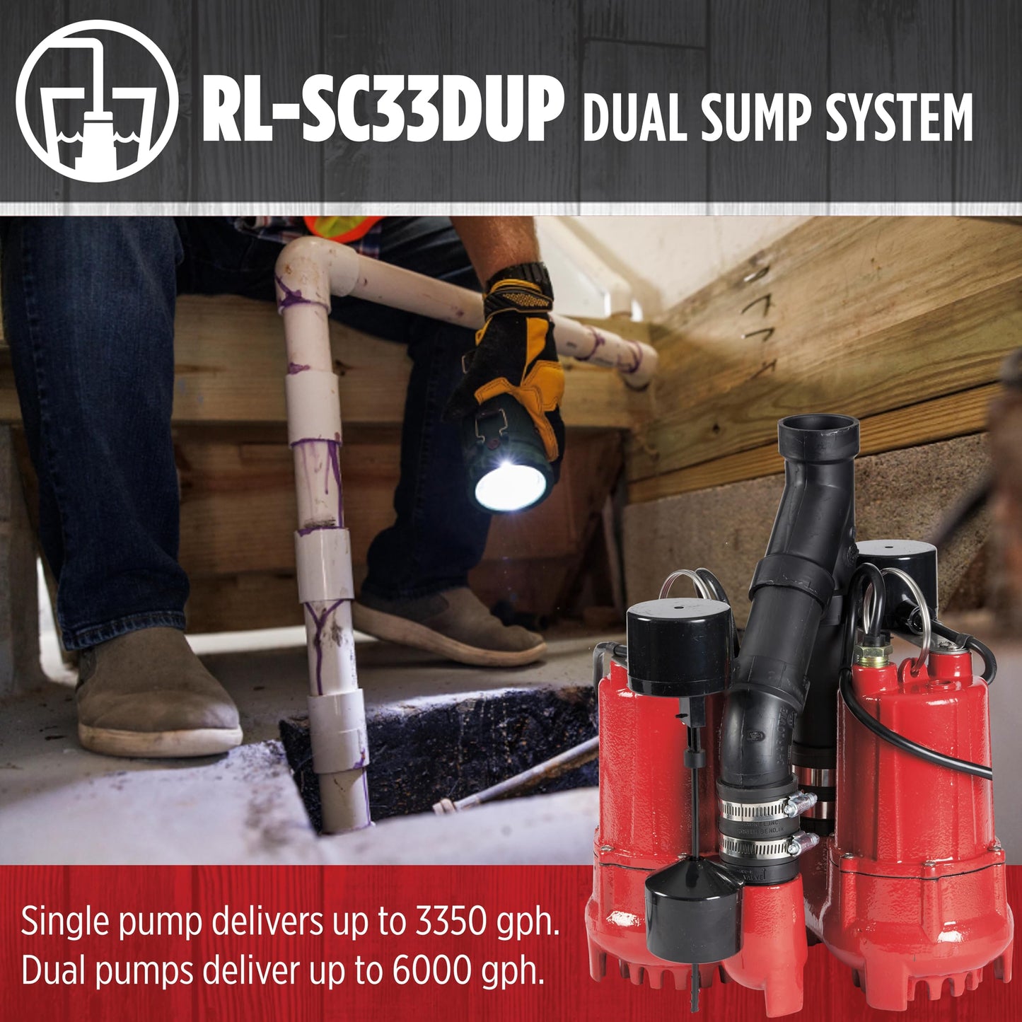 Red Lion RL-SC33DUP 115 Volt, 1/3 HP, 6000 GPH Dual Automatic Cast Iron Sump Pump System with 10-Foot Cord, Red, 14942771