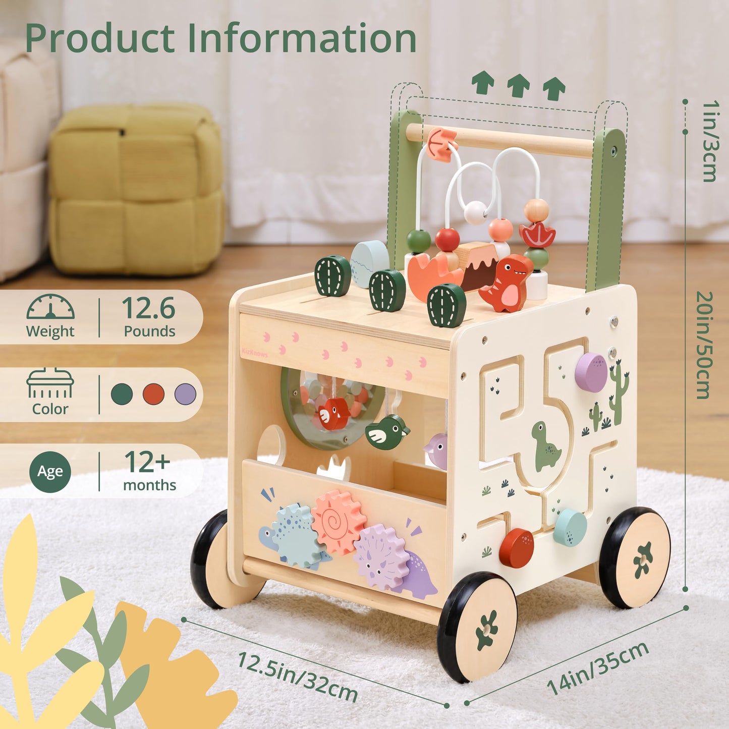 KizKnows Wooden Baby Push Walker 6-in-1 Dinosaur Activity Center for Toddlers Montessori Toys with Wheels Adjustable Speed with Brake & Shape Sorter Gifts for Boys Girls 12M+