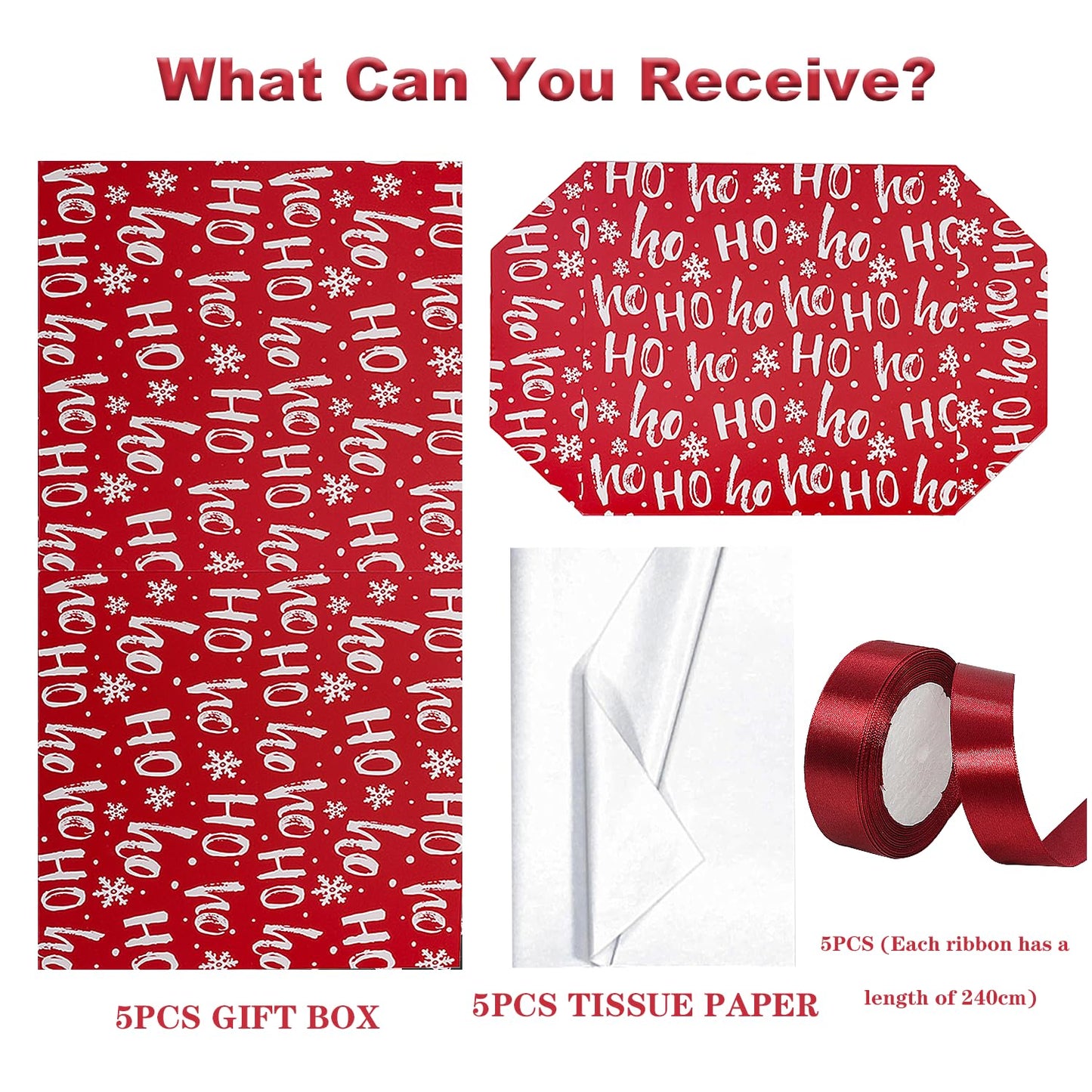 Jaywayang 5 Pack Red Christmas Gift Boxes with Lids, Ribbons and Tissue Papers Square Gift Boxes - 7.1 Inch - Presents Wrapping Christmas Gift Holiday New Year Party Favor Boxes.