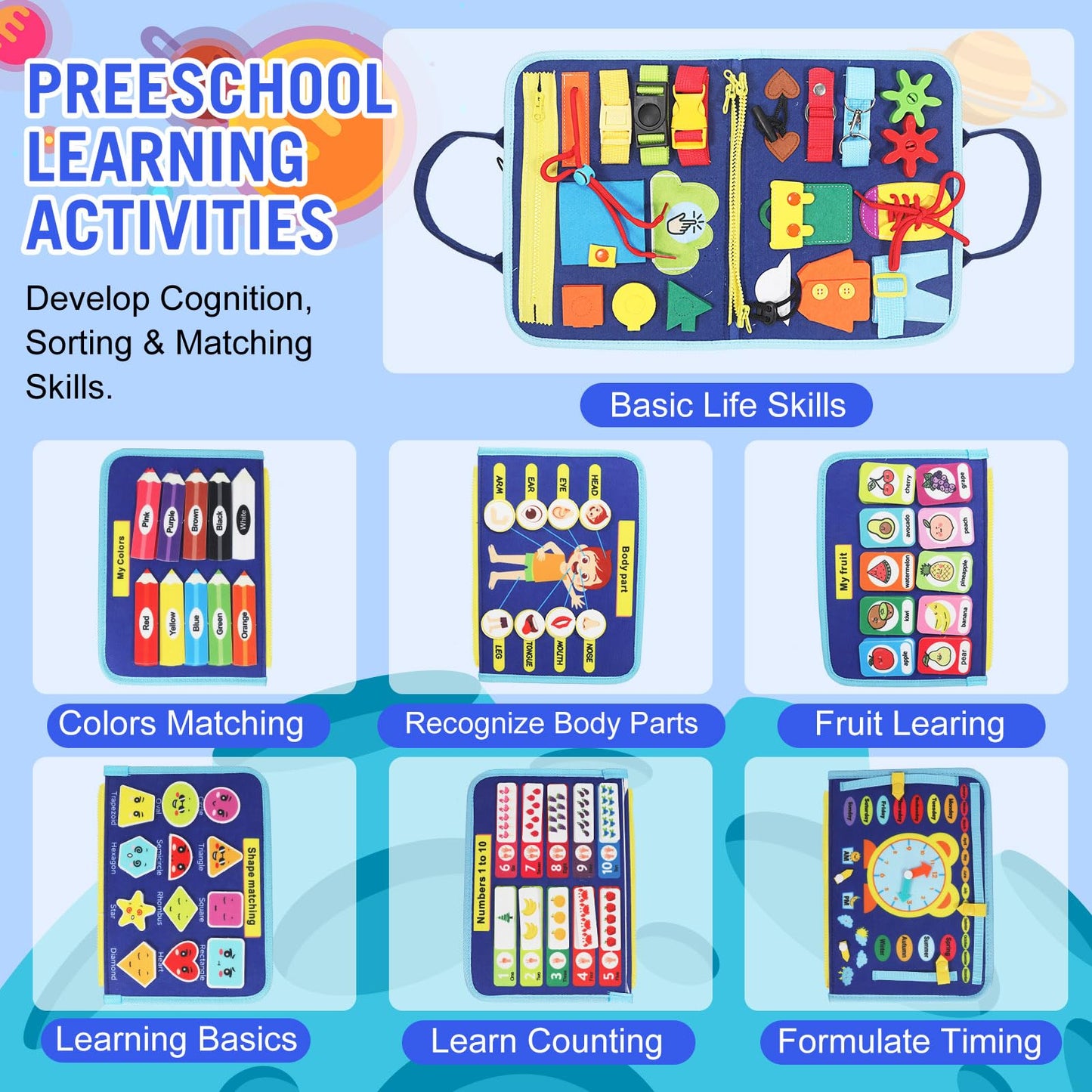 URBAN TOYS Montessori Busy Board - Ideal Busy Book Toddler Toys & Gifts for Boys & Girls, Toddler Travel Essential for Airplane & Car, Sensory Toys, Great for Baby Gifts for Boys