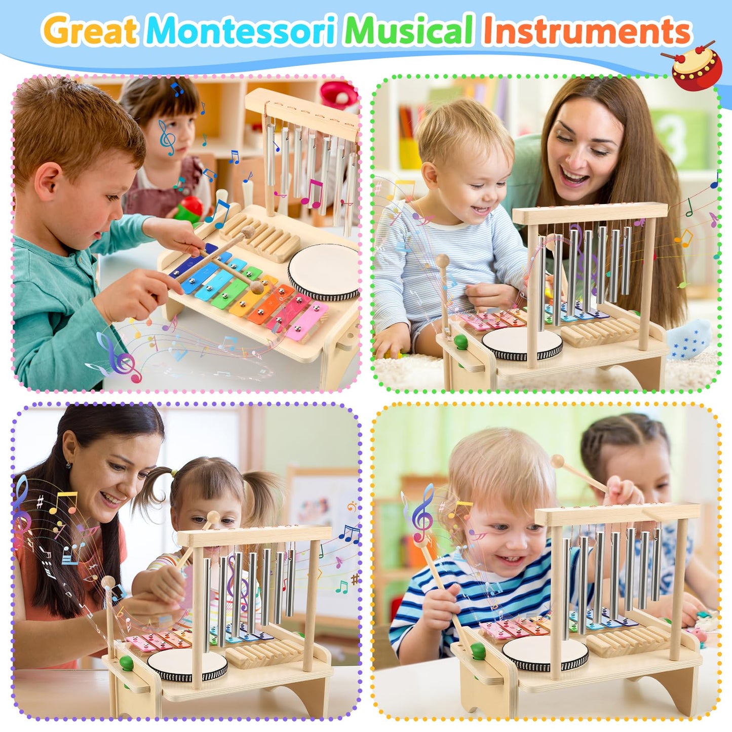 Kids Drum Set,Baby Musical Instrument for Toddler,Wooden Xylophone for Toddlers with Baby Drum Set and Wind Chime,Montessori Musical Instruments Toys for Kids,Musical Toys for Toddlers Birthday Gift