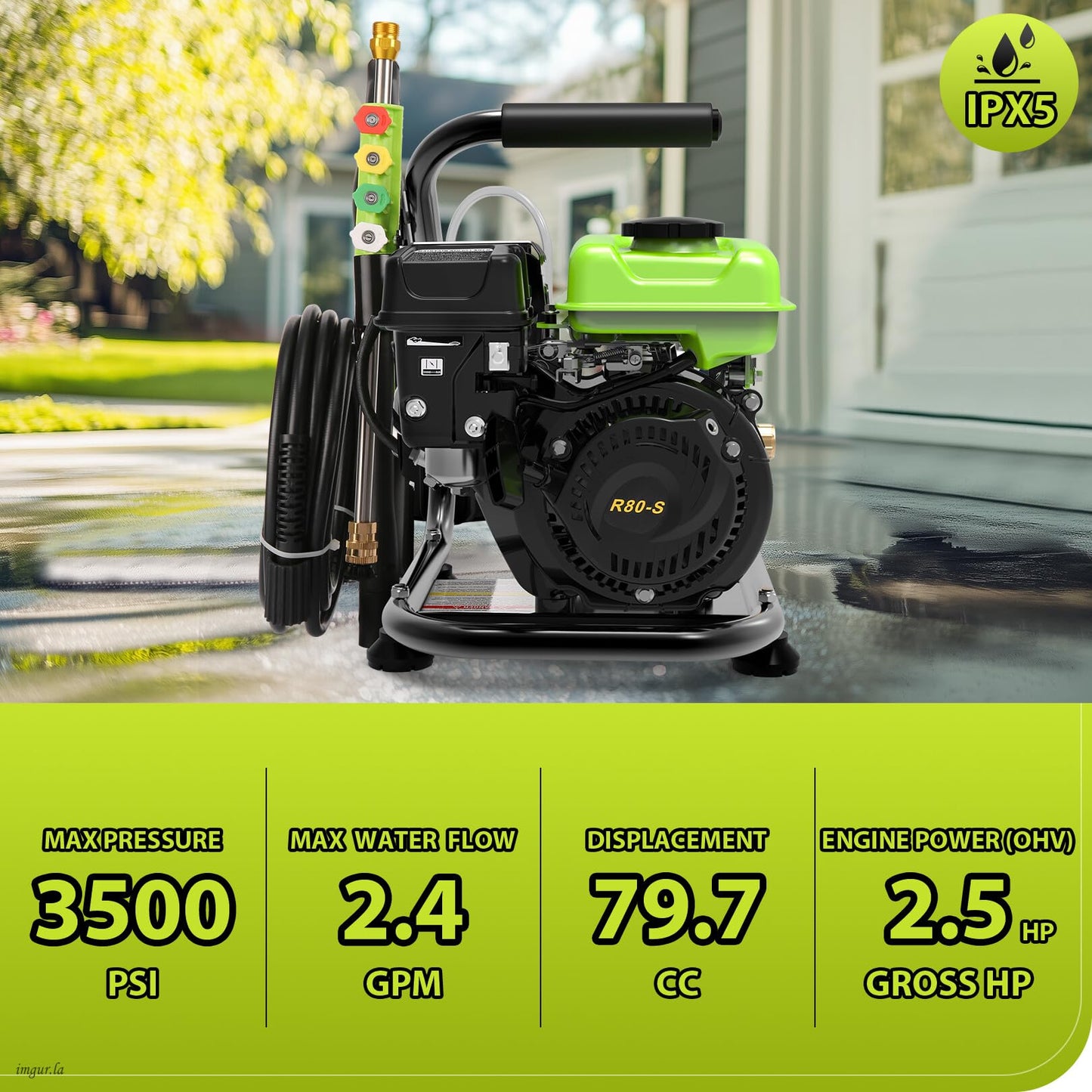 Commercial 3500PSI 2.4GPM 79.7CC Gas Pressure Washer, 2.5 HP Professional Gas Power Washer with 5 Nozzles 25FT Hose Foam Bottle for Car Fence Driveway Yard (EPA/CARB/ETL Compliant), Green