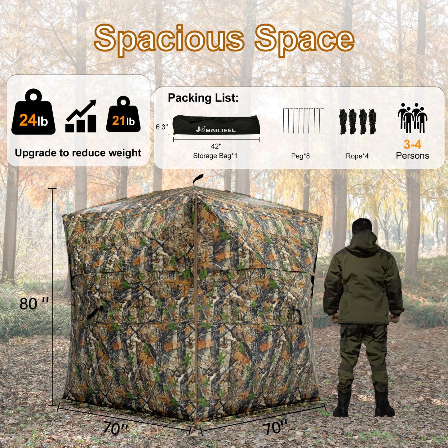 JOMAILIEEL 360 Degree See Through Ground Blinds for Deer and Turkey, Pop Up Deer Blind with Double Doors, Portable Carry Bag and Quiet- Fast Setup (3-4 Person)