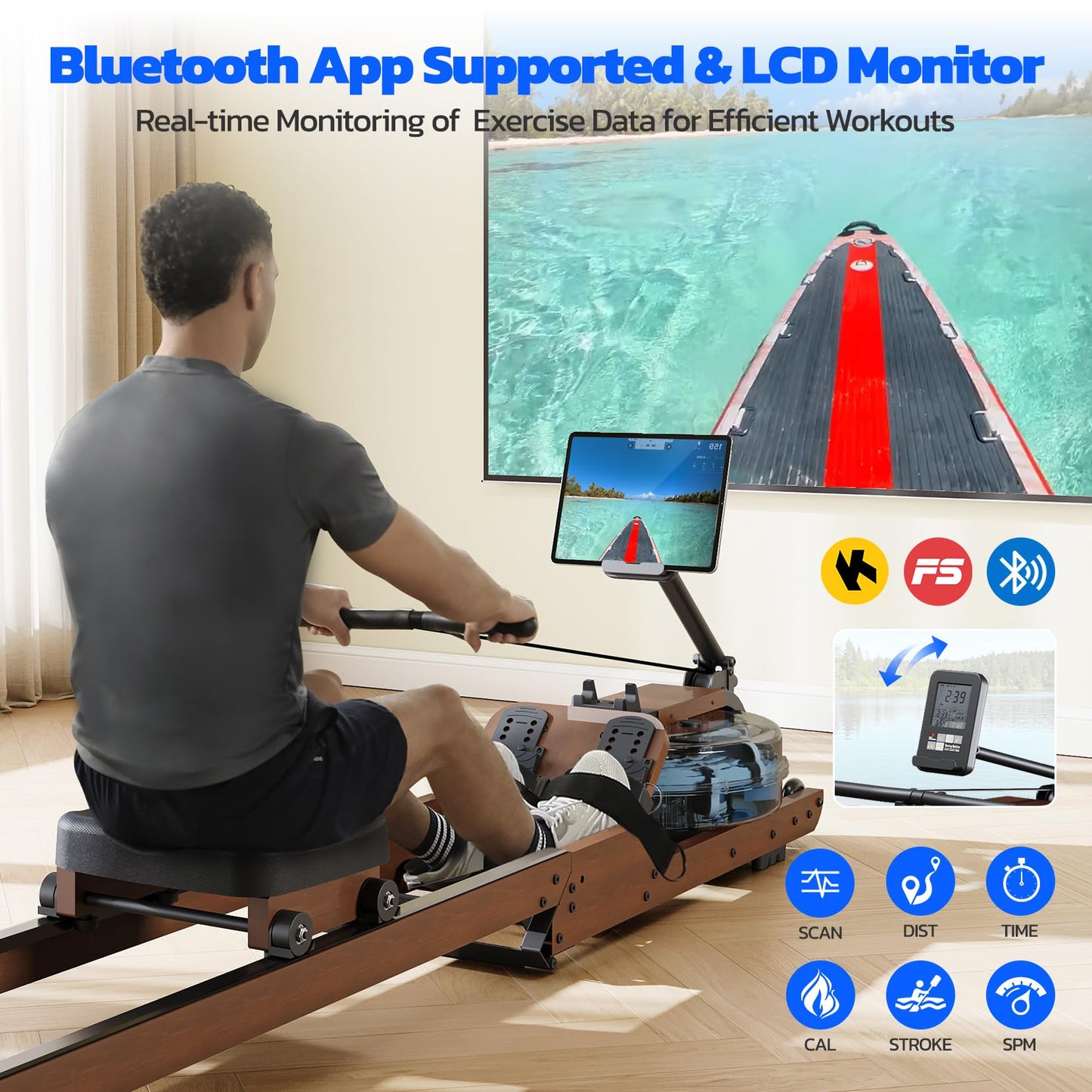 Dripex Water Rowing Machines for Home Use, Foldable Row Machine with 400LBS Weight Capacity, Rower Machine with Dedicated LCD Monitor, Comfortable Seat, Bluetooth App Compatible for Home Gym Exercise