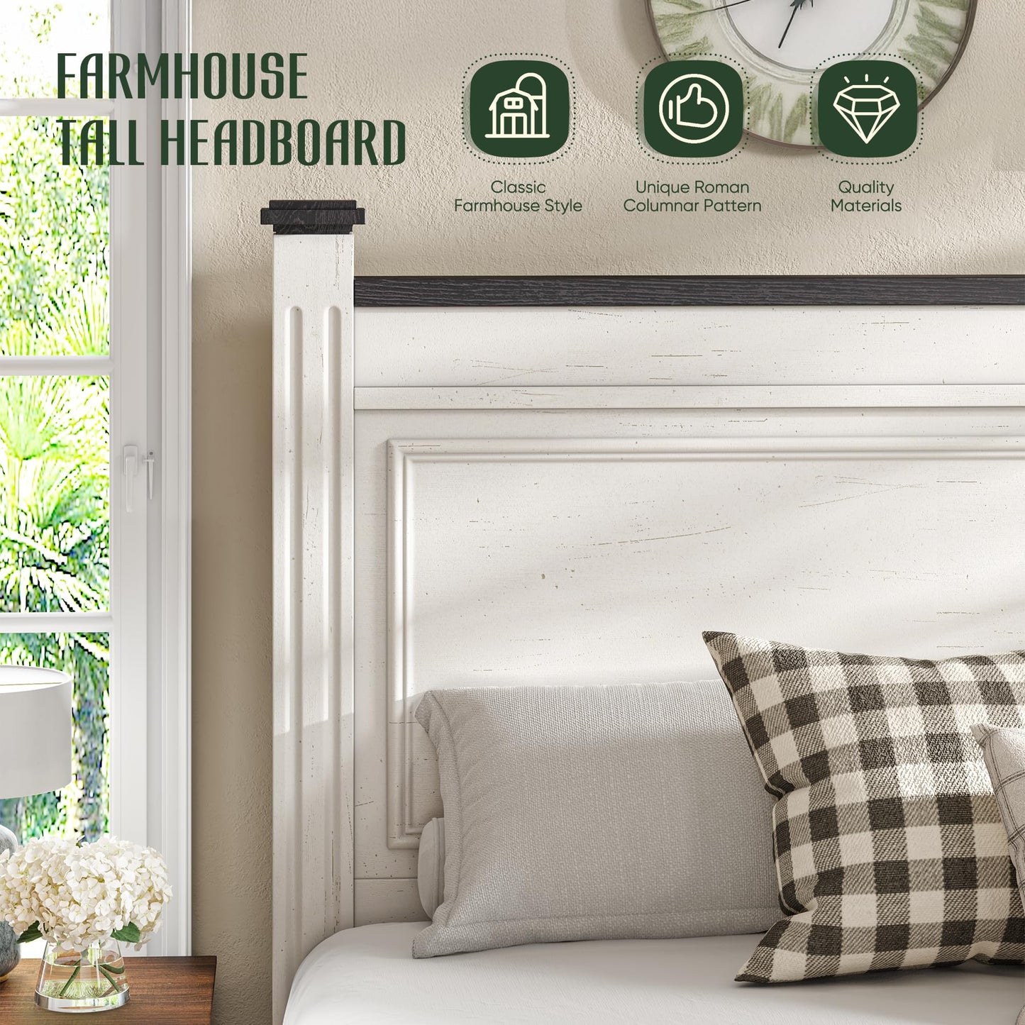Homkdom Farmhouse Queen Size Bed Frame, 51” Tall Queen Bed Frame with Headboard, Bed Frame with 2 Storage Drawers, No Box Spring Needed, White