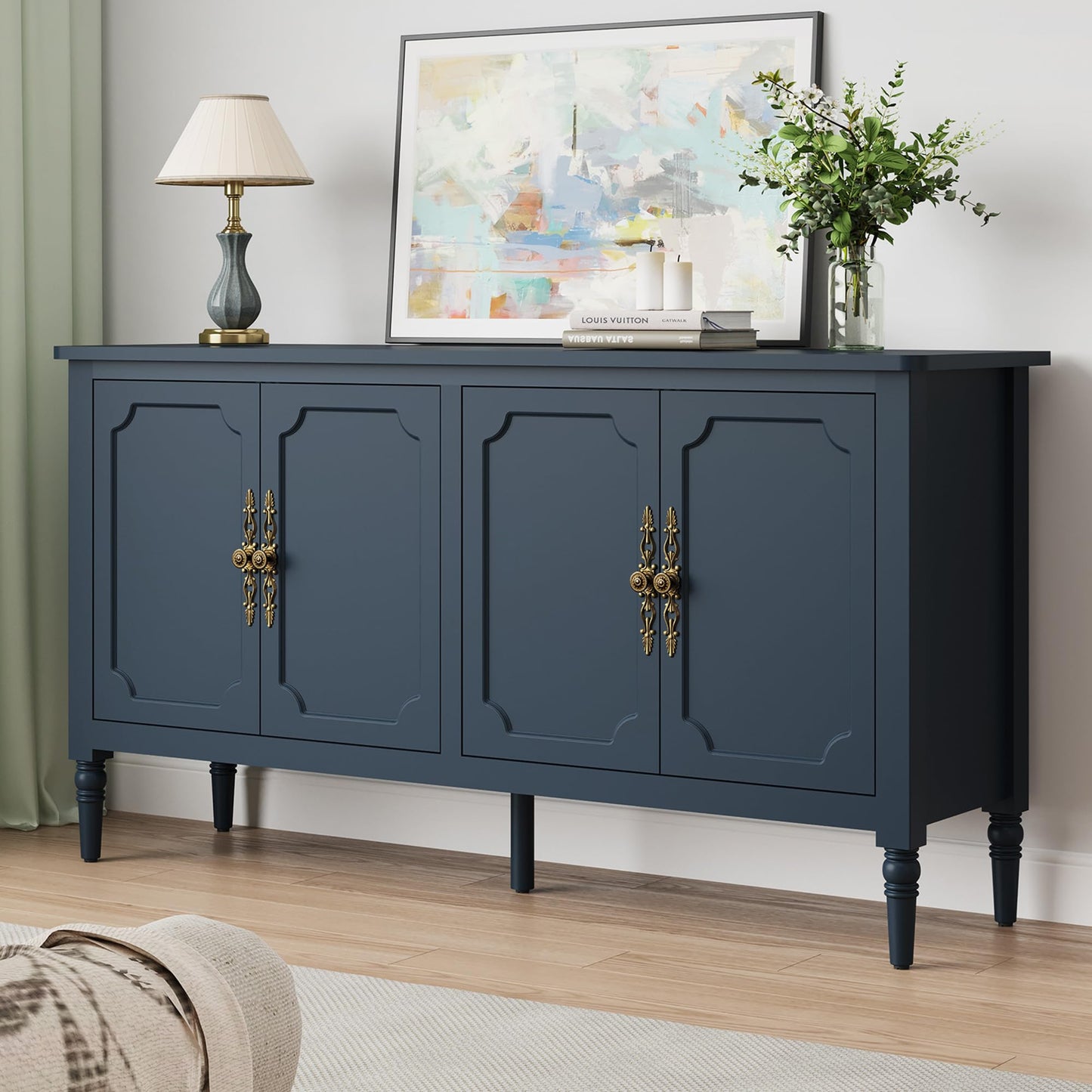 RoyalCraft 59" Buffet Cabinet with Storage, Vintage Sideboard with Adjustable Shelves & Carved Handle, Mid Century Modern Painted Credenza Coffee Bar for Kitchen, Dining Room, Navy Blue