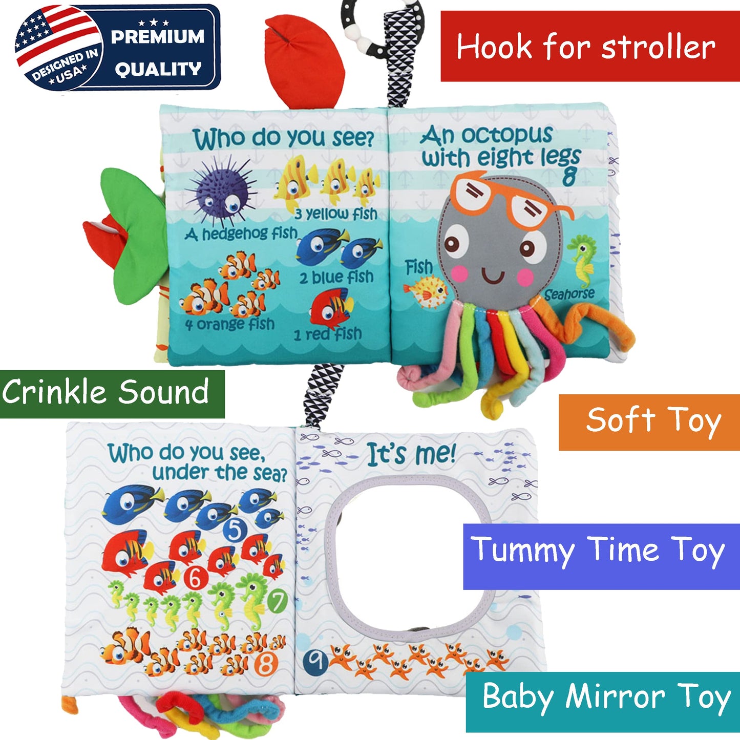 Fish Baby Books, Crinkle Books for Babies,Touch Feel,Infant Baby Toys 0-3 0-6 6-12 Months, Sensory Mirror Toys,Soft Teether,Teething,Shower Baby Easter Basket Stuffers,Baby Gifts for Boys Girls-Green