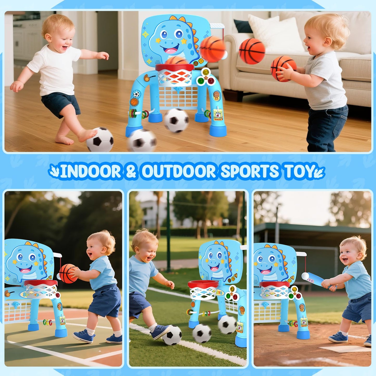 Toys for 1 Year Old Boy - Toddler Basketball Hoop & Soccer Goal & Baseball Activity Center with Light Sound Music, Dinosaur Montessori Sports Toy, Christmas Birthday Gift for Baby 12-18 Months, Blue