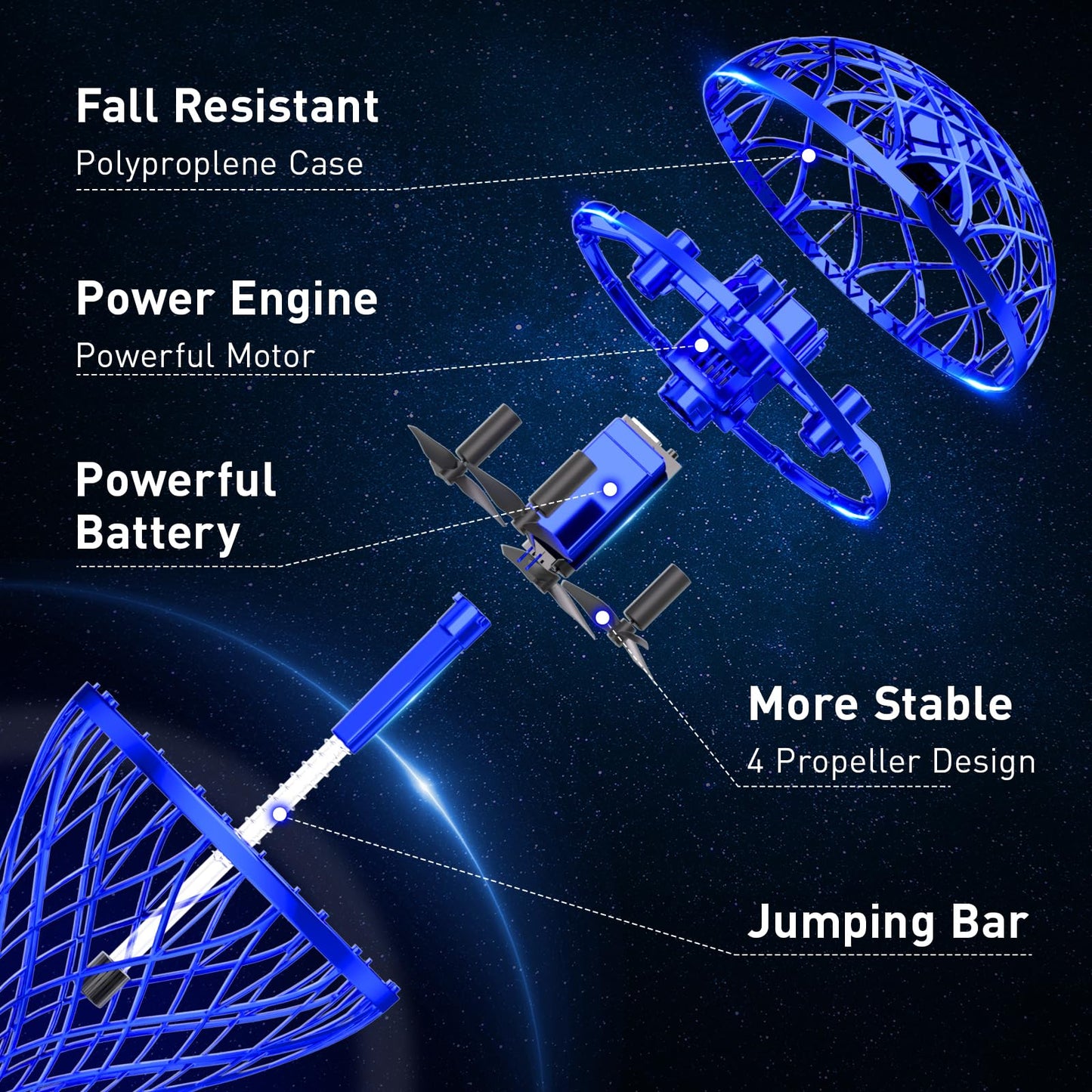 Flying Bouncing Ball Toys 2026 - Cosmic Galaxy Hove Orb Ball Hand Controlled Leap Drone with LED Lights, 3D Flips Cool Spinner Outdoor Indoor Toy Gifts for 6 7 8 9 10+ Year Old Boys Girls Teens (Blue)