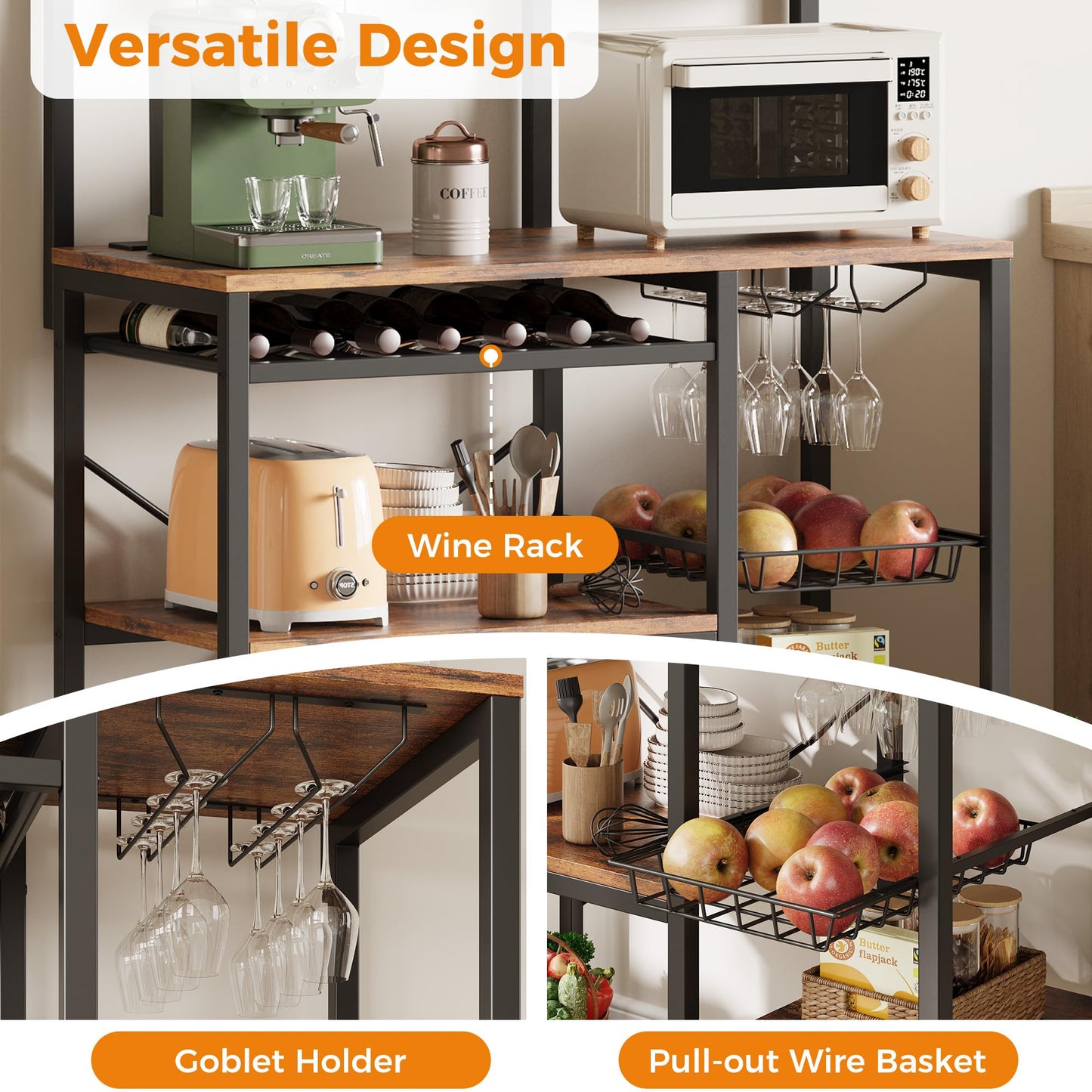 IRONCK Bakers Rack with Power Outlet, 7-Tier Coffee Bar Microwave Stand, Solve Kitchen Clutter with Wine Rack, Wire Basket and Hooks, Rustic Brown