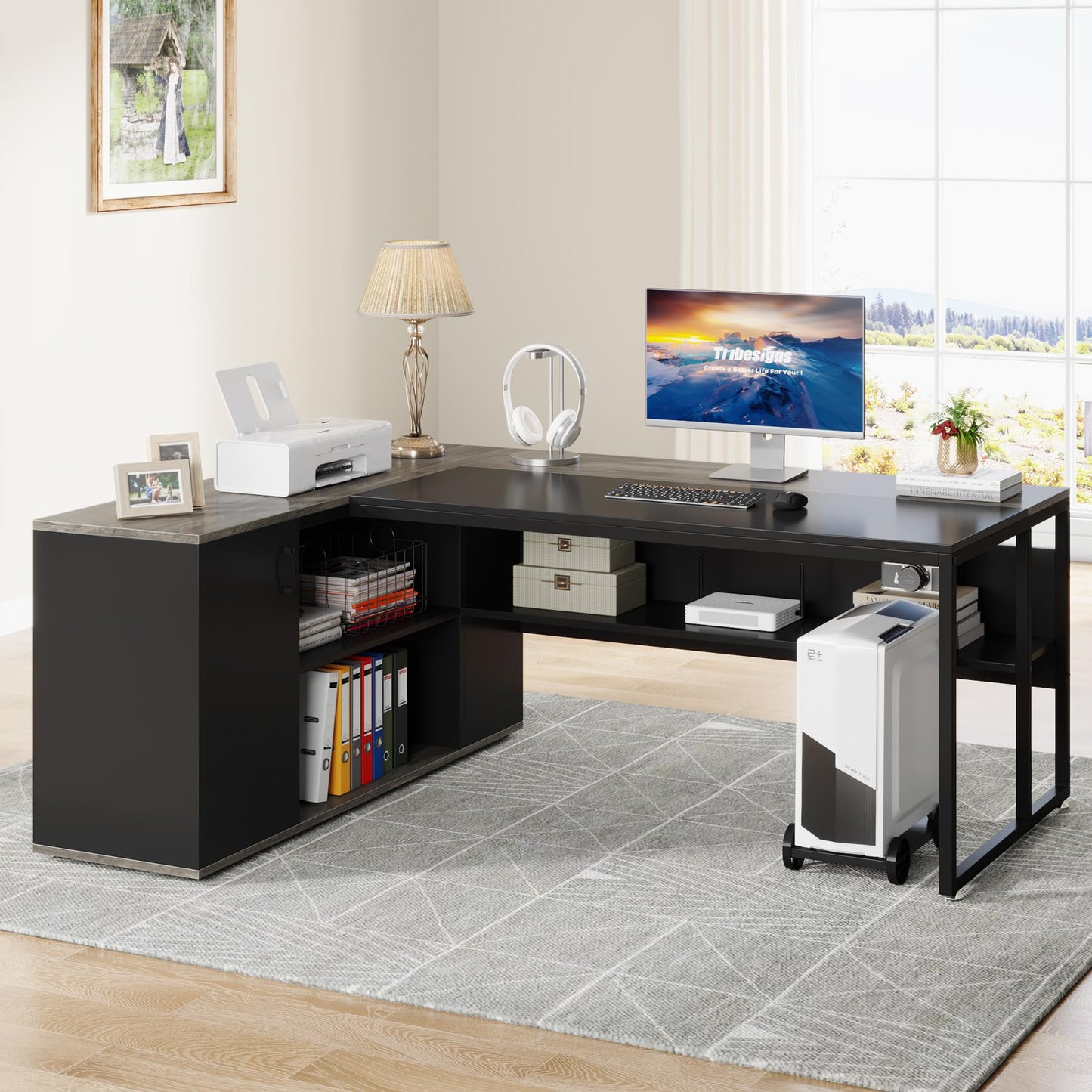 Tribesigns 71 inch Executive Desk, L Shaped Desk with Cabinet Storage, Executive Office Table with Shelves, Business Furniture Set Workstation for Home Office, Gray