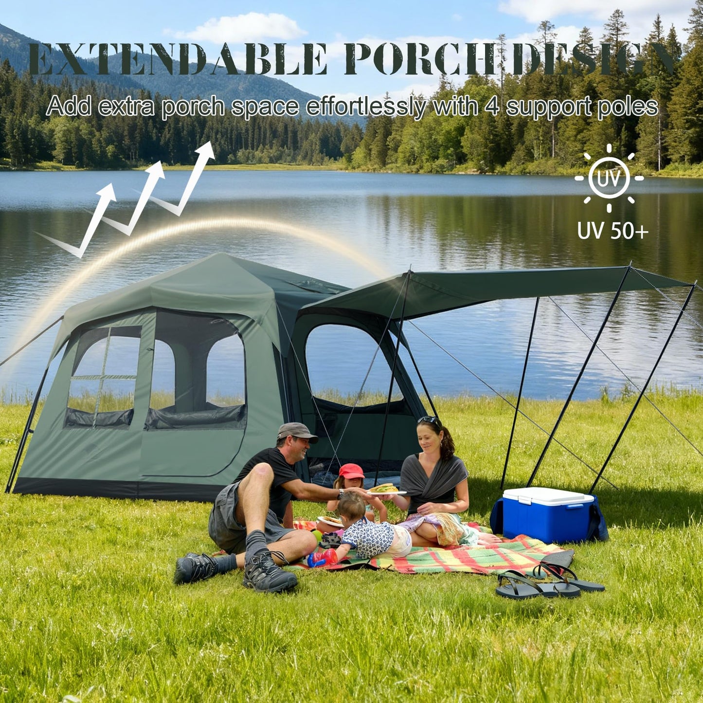 Castle Unicorn 6-8 Person Camping Tent with Porch, Large Family Cabin Tent with 2 Rooms 3 Doors, Tall & Spacious, Waterproof Glamping Tent, Big Tents for Outdoor Camping Hiking Backyard